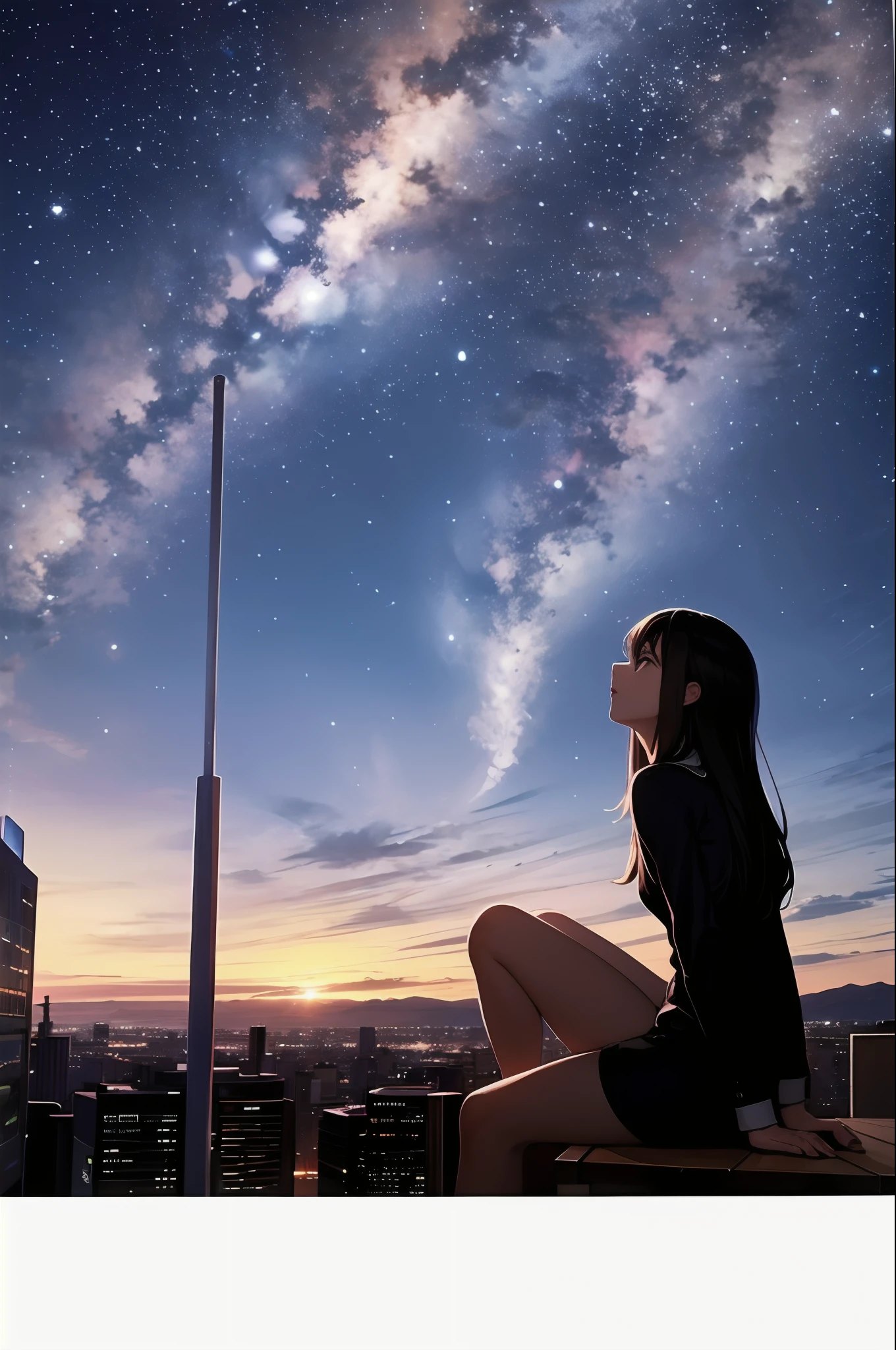 A woman sitting on a ledge looking at the sky with a star in the sky ...