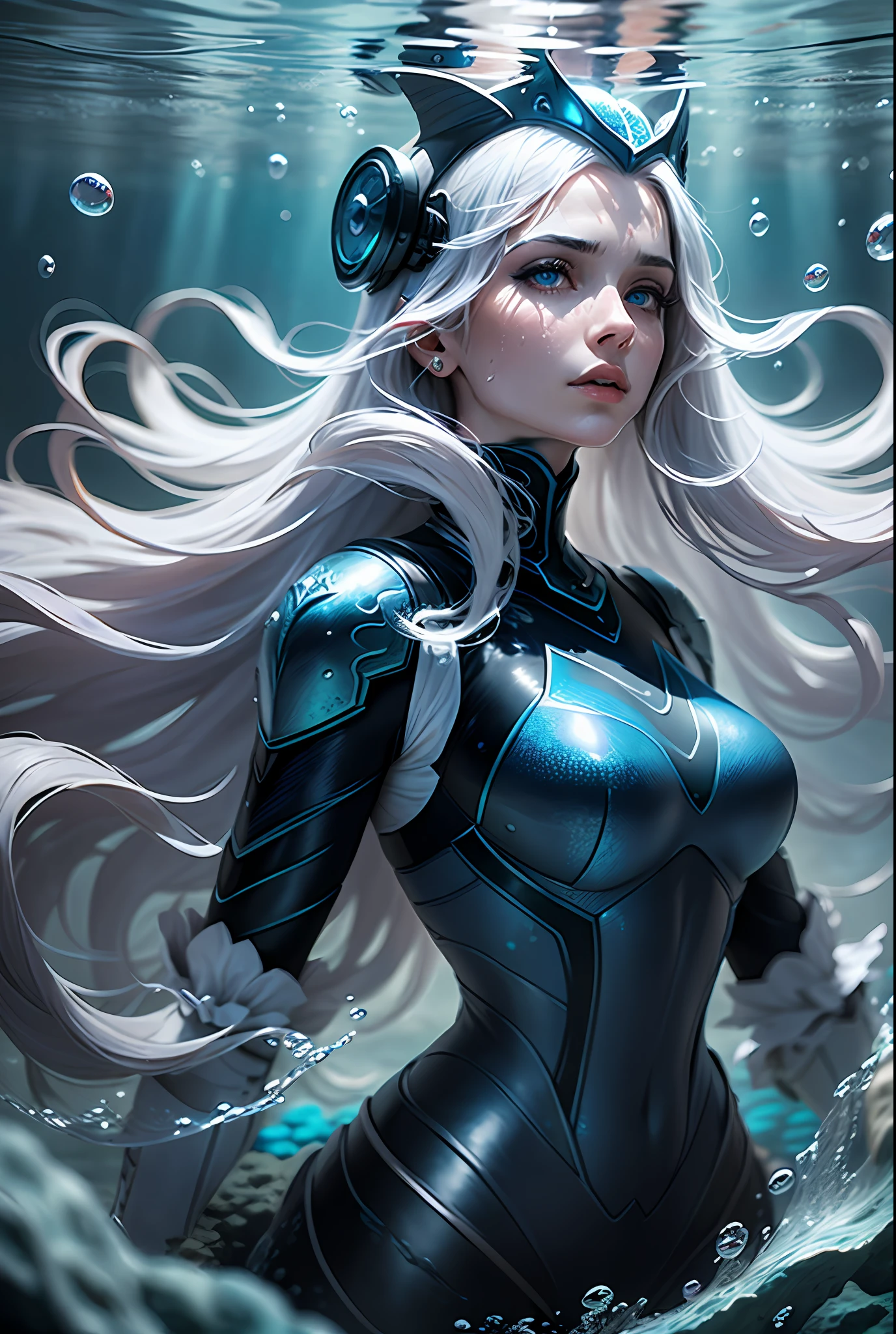 award winning photo of a woman, tough, blue eyes, ((deep sea, caustics, underwater)), dark blue ambience, coral reef background, water bubble, highly detailed,  engraved white glowing armor, headgears, windy long hair, fantasy universe, mysty, foggy, depth of field, photo realistic, nostalgia by  greg rutkowski,