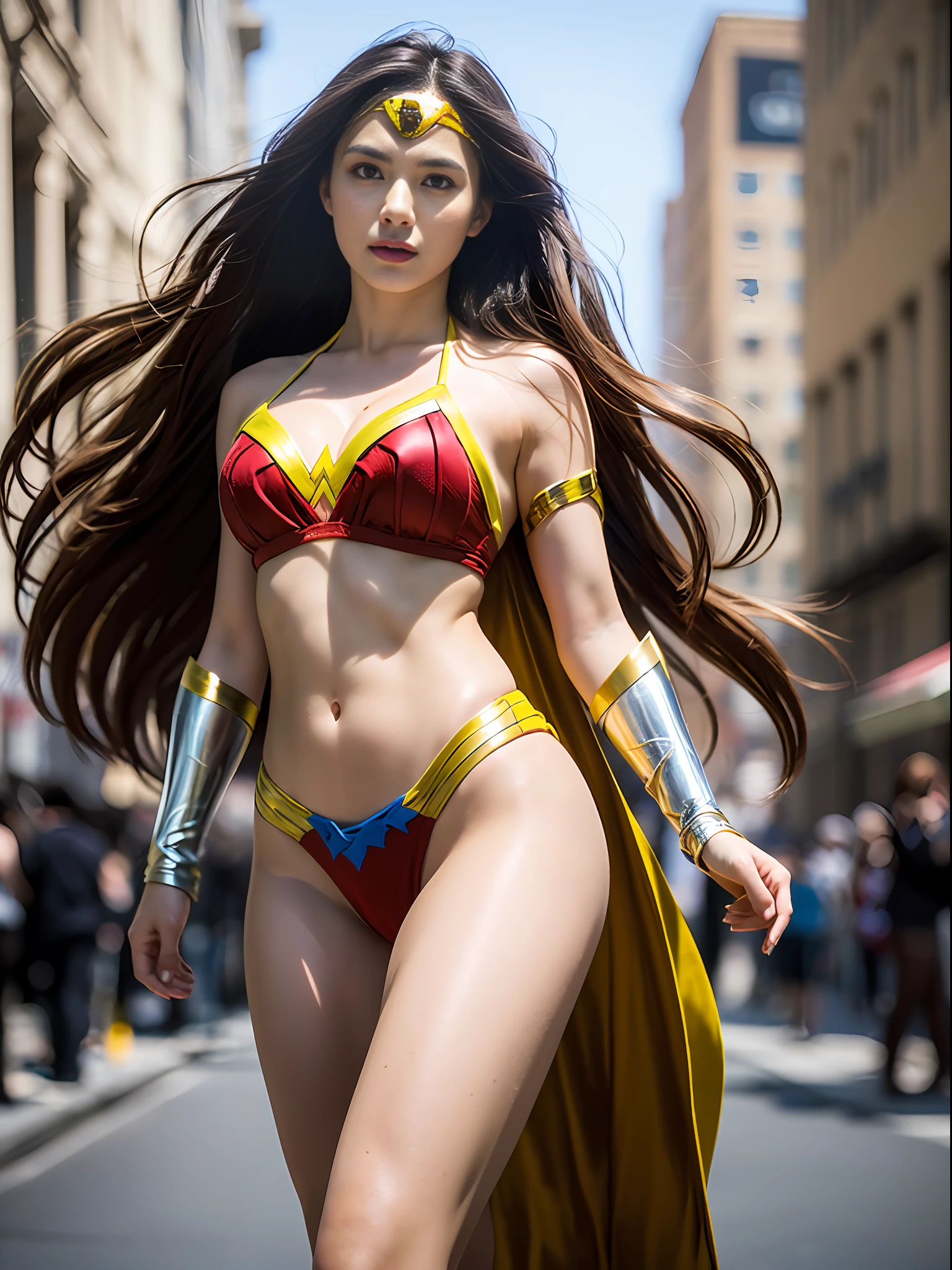 Ultra-realistic depictions, ultra-fine photos,, Best quality, Ultra high resolution, Natural light, Full body portrait,( Young adult women),( Amazingly beautiful style),(( Long hair with chestnut hair and long hair in the wind)), Dynamic poses, Detailed beauty face, Vivid eyes, Front view, (Ultra high leg), ((Bikini type Wonder Woman costume)),Urban street, (Beautiful body in detail),(((Big)),High detail skin, Realistic skin details, visible pores, sharp focus, 8K UHD, digital, high quality, fair skin, view from below