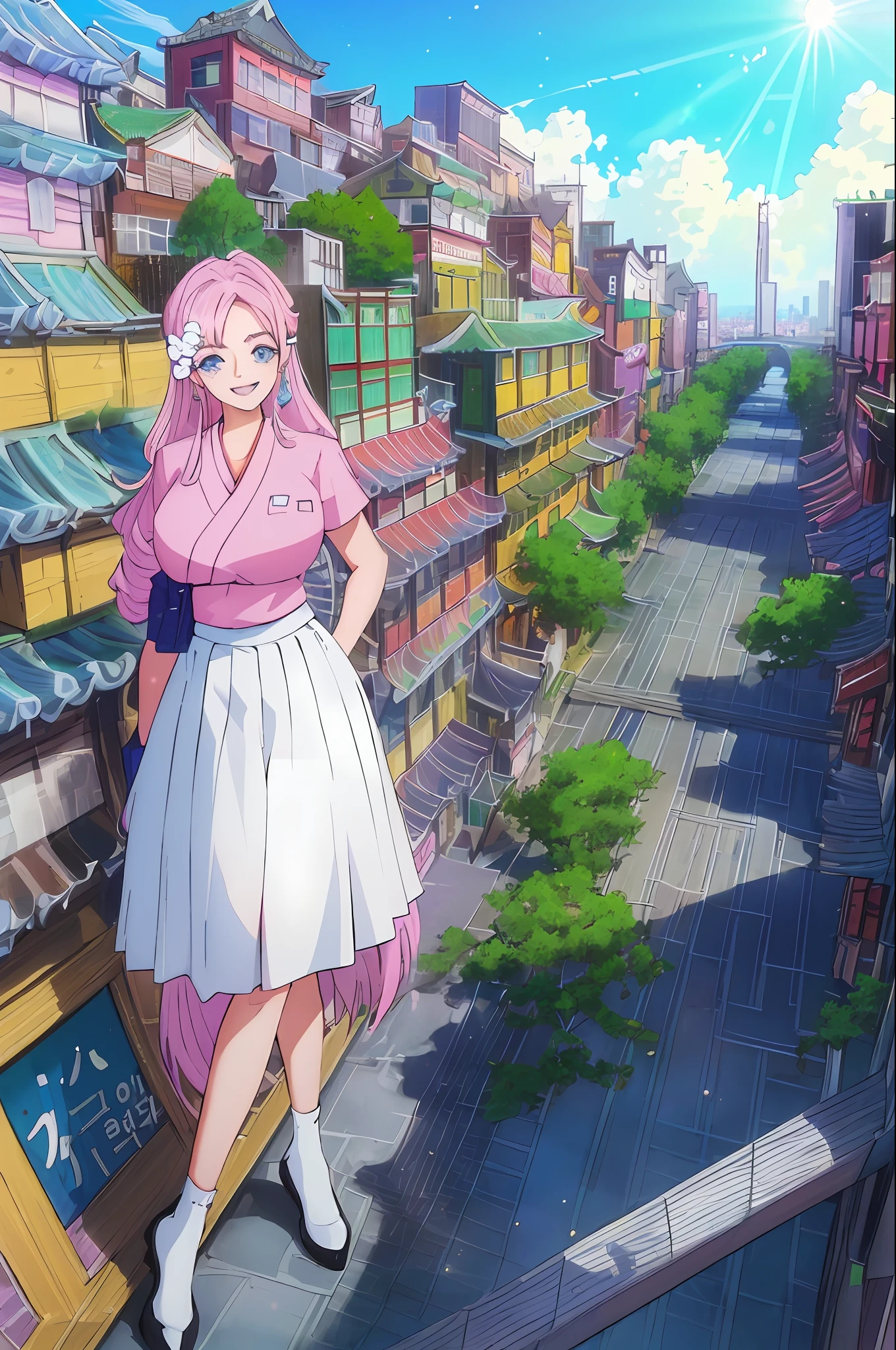 official art, masterpiece, sharp focus, (beautiful gorgeous cute Korean woman:1.3), (beautiful cute korean:1.3), korean beauty, Delicate and beautiful hair and eyes and face, realistic, ultra detailed, beautiful girl, blue sky, glow white particle, (sidelighting:1.2), sun light, white cloud, detailed clouds, slender, Lovely very large breasts and very large hips, smile with teeth, ((smile with eyes, open both eyes)), scenery, long straight hair, sexy facial expression, building, (cityscape:1.7), dynamic hair, long straight hair, detailed platinum pink hair, glow blue eyes, (blue pleated shirts + white skirt), white long socks, pale skin, hair ornament, epic scenery,