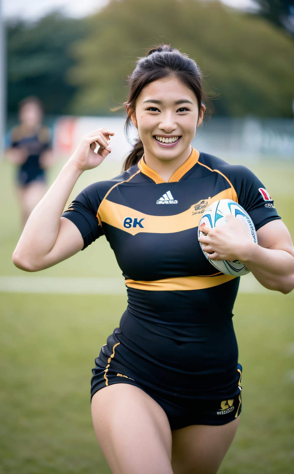 ((Best Quality, 8k, Masterpiece: 1.3)), Rugby Women, Japan Women, ?????????????, Muscles, Rugby Field, Hasselblad Camera, RAW Photography, (Real: 1.3), (Beautiful and Attractive: 1.4), Smile