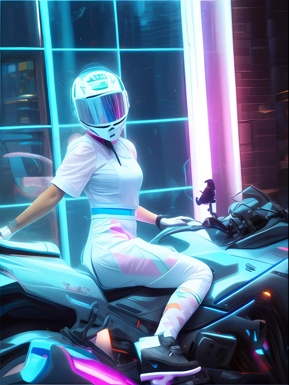 1 girl, smooth arms, slender thighs, (white shiny mech: 1.5), cyberpunk city setting, white and pink helmet, mech glowing white, pink and blue light bar decoration, super realistic details, 8k, super sharp, metallic, delicate decoration, warm white light rendering, highly complex details, extremely delicate and beautiful, wallpaper, realistic, (realism: 1.4), fine details, masterpiece, best quality,