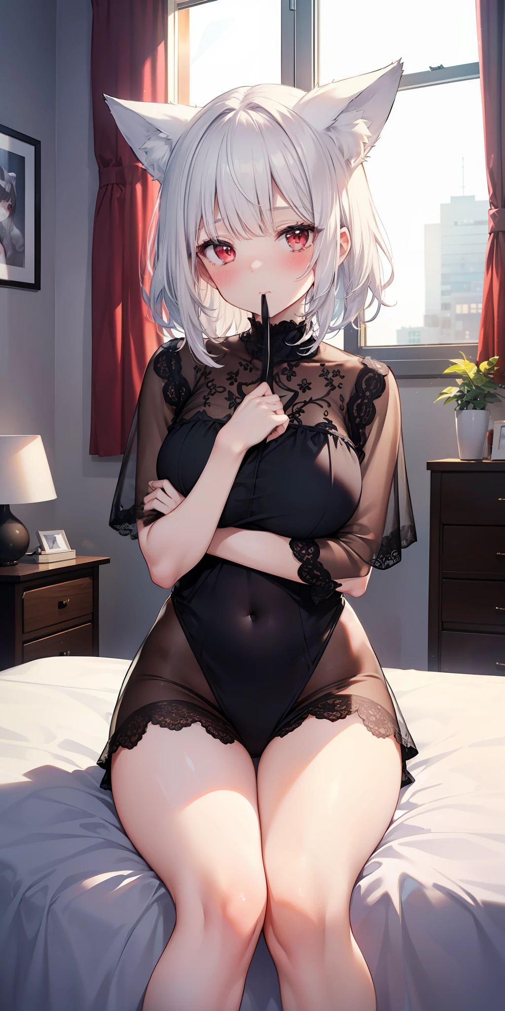 ((masterpiece)), ((best quality)), girl, ((beautiful body)), pale skin, ((red eyes)), eyebrow, ((fox ear)), ((mouth mask) ), giant hair, ((white hair)), ((black hair)), ((hair highlight effect)), ((sexy sleepwear)), ((sheer lace)), (arms), waist thin, ((thick legs)), ((big thigh)), ((background scenery)), ((modern bedroom)), ((detail in bedroom)), (objects in bedroom), (bed), ( (sitting on the bed)), (window), ((beautiful day)), pov, ((viewer view)), ((want to hug)), ((blushing)), lascivious,