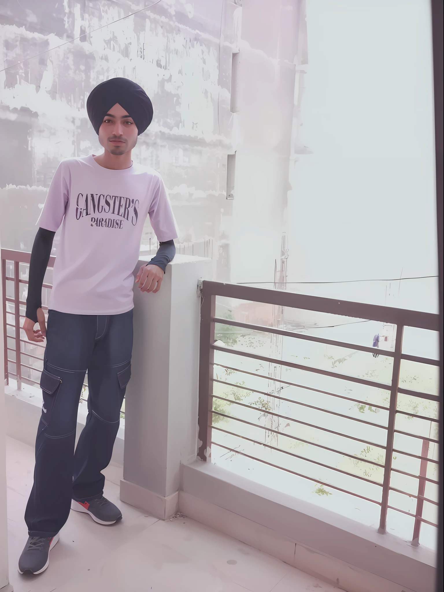 there is a man standing on a balcony with a skateboard, in tshirt, inspired by Manjit Bawa, gangster, taken with a canon dslr camera, gangly, dressed with long fluent clothes, tshirt, by Manjit Bawa, violet coloured t-shirt, tshirt!!, full body photogenic shot, full body length shot, taken with the best dlsr camera