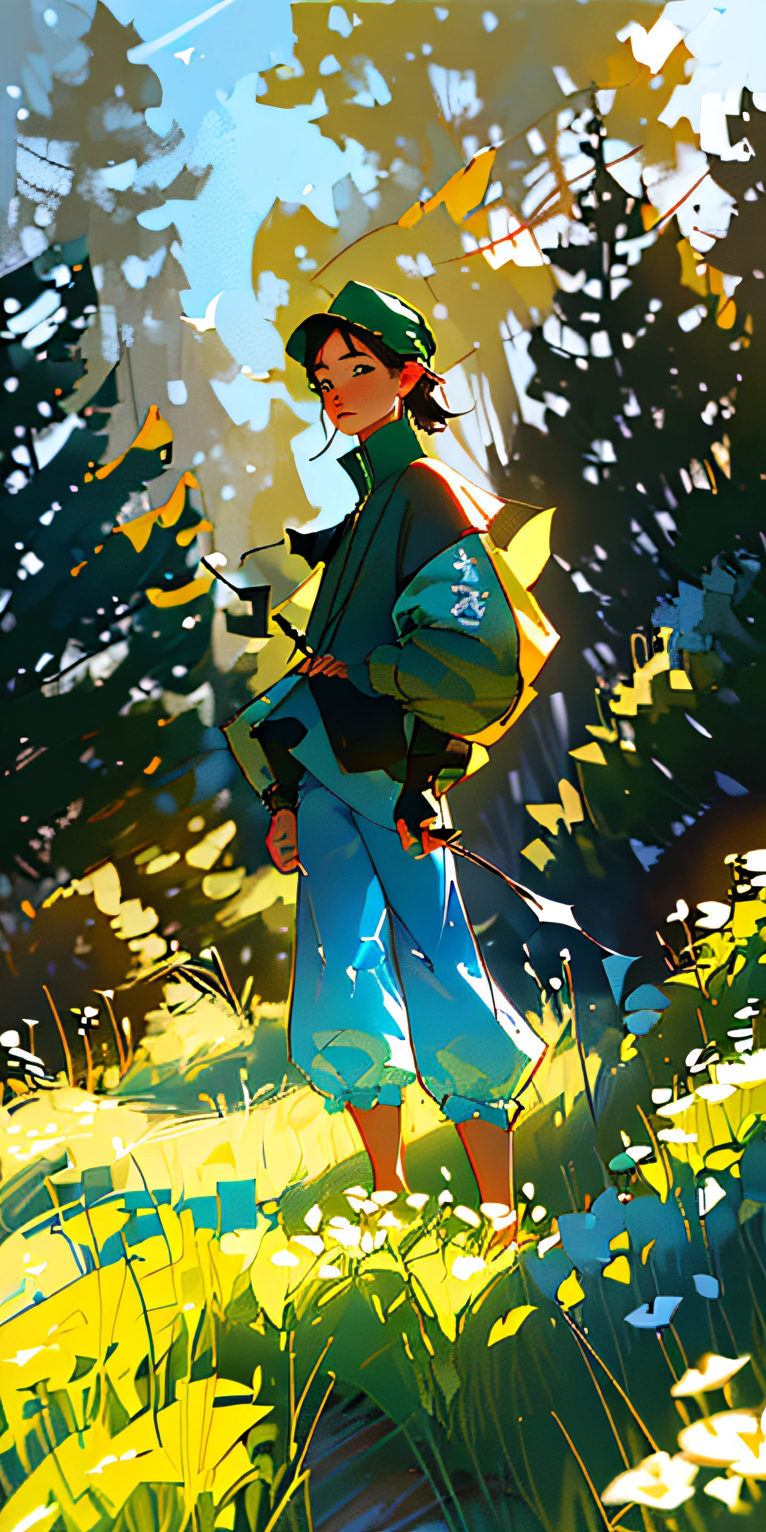 (masterpiece, best quality), 1boy, rings, straight long hair on shoulder, whole body, light pink over shirt, brown shorts, black hair, sunlight, leaning a tree, the boy looks down, holding black leash of a black labrado dog. the dog walking towards the viewer.