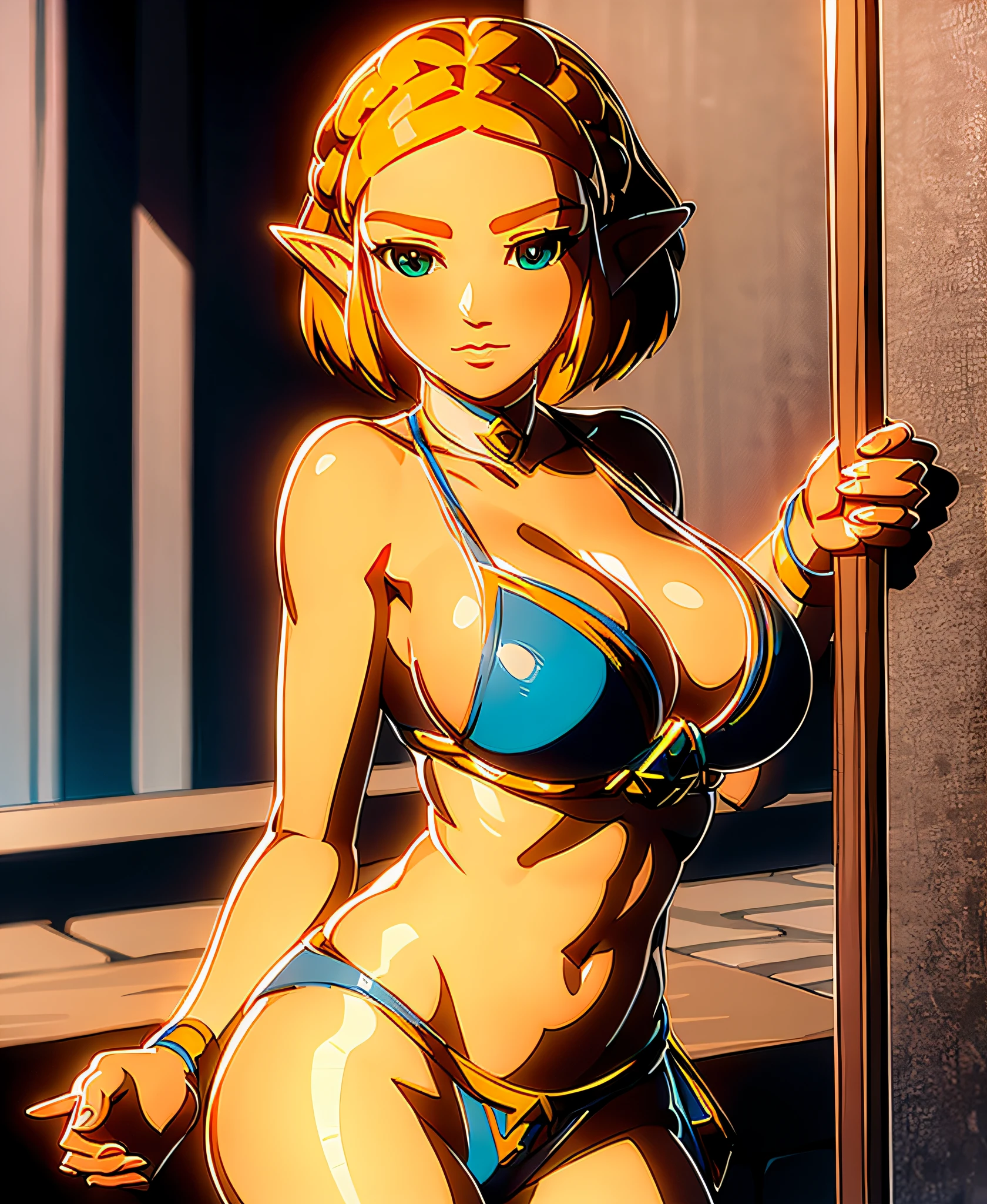 masterpiece,best quality,zelda\(princess\), 1girl, solo, large breasts,short_hair, cleavage, young girl, young teen, 17 year old, very skinny, bikini, blonde hair, seductive smile