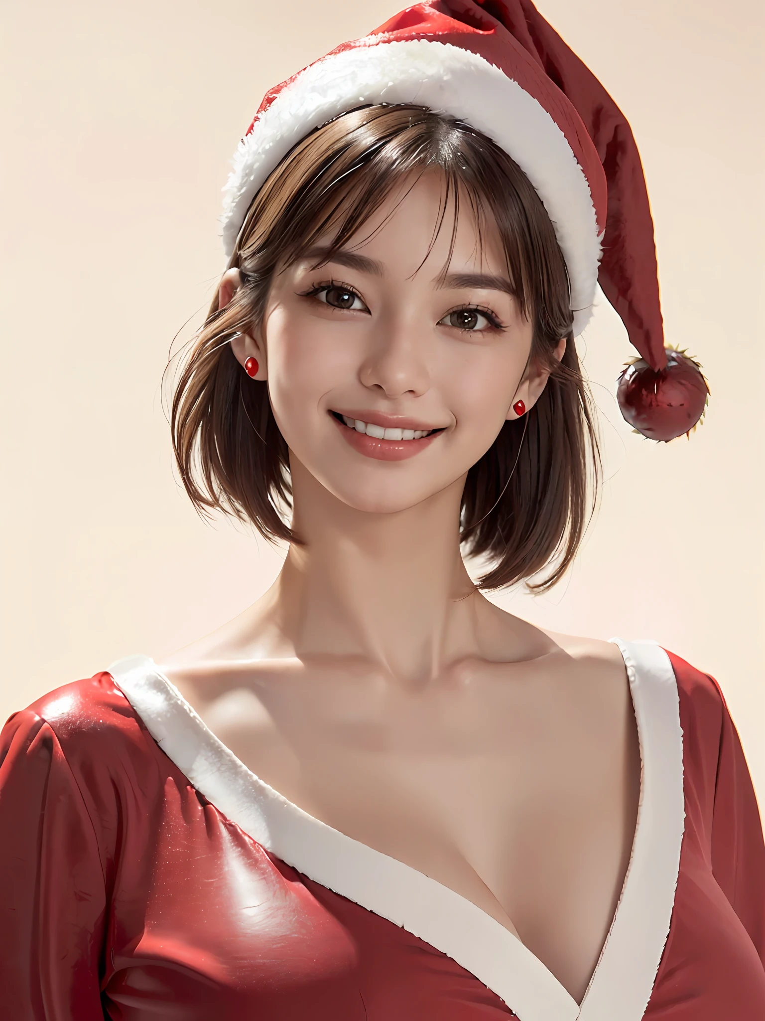 (8k quality), (best quality: 1.2), (realistic,), (photorealistic), ultra high definition, 1 girl, (((solo)), cute, smile, closed mouth, beautiful details, beautiful nose in detail, short hair, huge breasts darcepho, big eyes, long neck, ears, short hair, short hair, huge, ((Santa Claus costume, accurate Santa Claus hat, bangs, bangs, long neck, beautiful, beautiful, cute, really immaculate background, smile a little, highlight in the eyes, light brown eyes, put out the ears, lower, lower, bust)))