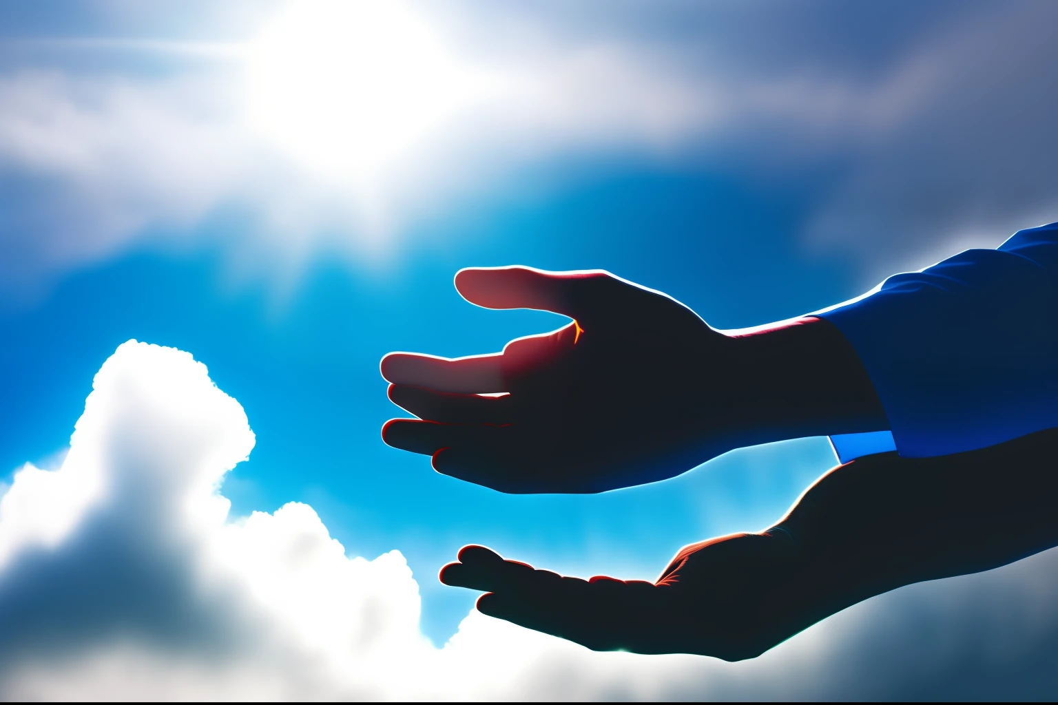 someone is reaching out to touch the sky with their hands, blessing hands, prayer hands, ! holding in his hand !, hands reaching for her, hands, amazingly composed image, with backdrop of god rays, open hand, heavenly light, glorious light, raised hands, pointing to heaven, arm reaching out of thick fog, solemn gesture, background is heavenly
