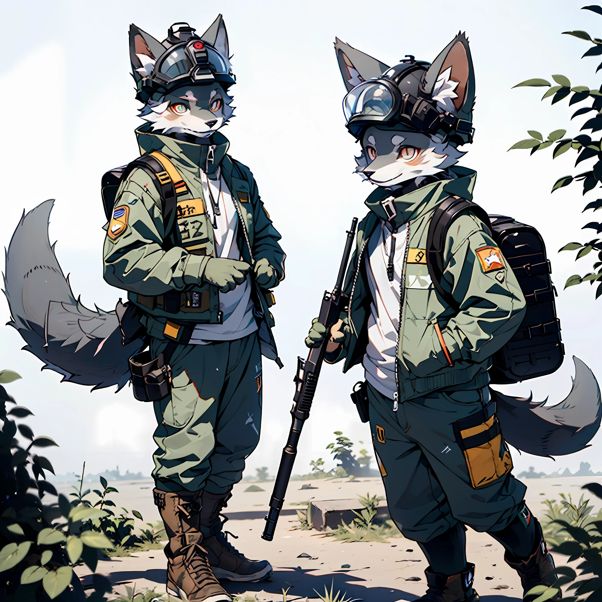 (Best Quality), ((Sharpen 1.2)), (Masterpiece), Lines Visible, (((Single))), (Ultra Detailed), (Furry), Full Body Furry, Furry, (Male Arctic Fox: 1.5), (Gray Skin: 1.3), (Gray Fur: 1.3), (Golden Eyes), ((Canine Paws)), ((Gray Paws)), (Gray Ears), Sharp Focus, (Furry Feeling of Animal Ears), Wearing Soldier Equipment, Wearing Bulletproof Vests, Wearing a soldier's helmet, wearing a gas mask and carrying a rifle on his back, on the ruins of the battlefield