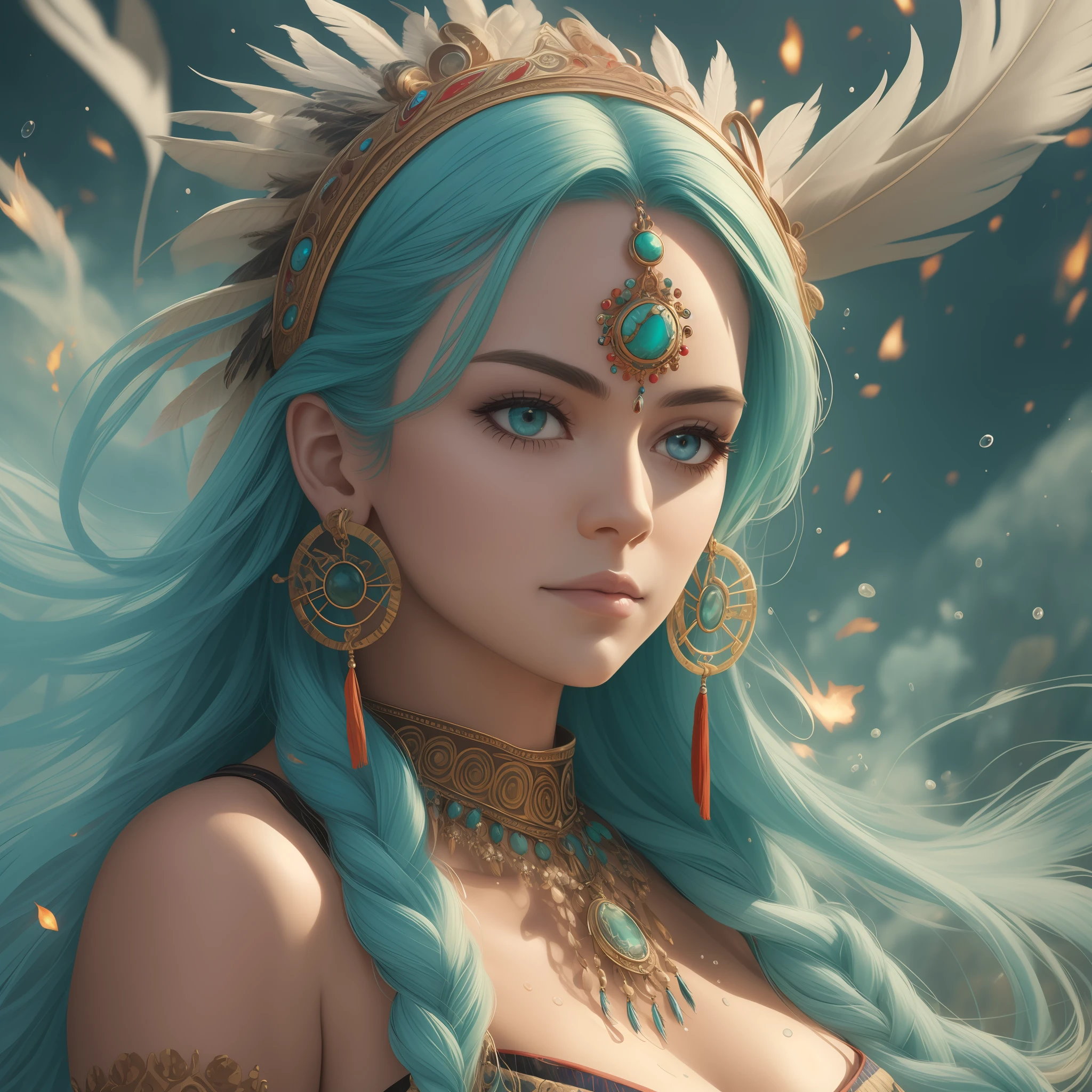 (full portrait), (half shot), solo, detailed background, detailed face, (stonepunkAI, stone theme:1.1), wise, (female), (native american), (beautiful hair, braids:0.2), shaman, septum piercing, mystical, (gorgeous face), stunning, head tilted upwards, (eyes opend, serene expression), calm, meditating, Seafoam skyblue frayed clothes, prayer beads, tribal jewelry, feathers in hair, headdress:0.33, jade, obsidian, detailed clothing, cleavage, realistic skin texture, (floating particles, water swirling, embers, ritual, whirlwind, wind:1.2), sharp focus, volumetric lighting, good highlights, good shading, subsurface scattering, intricate, highly detailed, ((cinematic)), dramatic, (highest quality, award winning, masterpiece:1.5), (photorealistic:1.5), (intricate symmetrical warpaint:0.5), --auto --s2