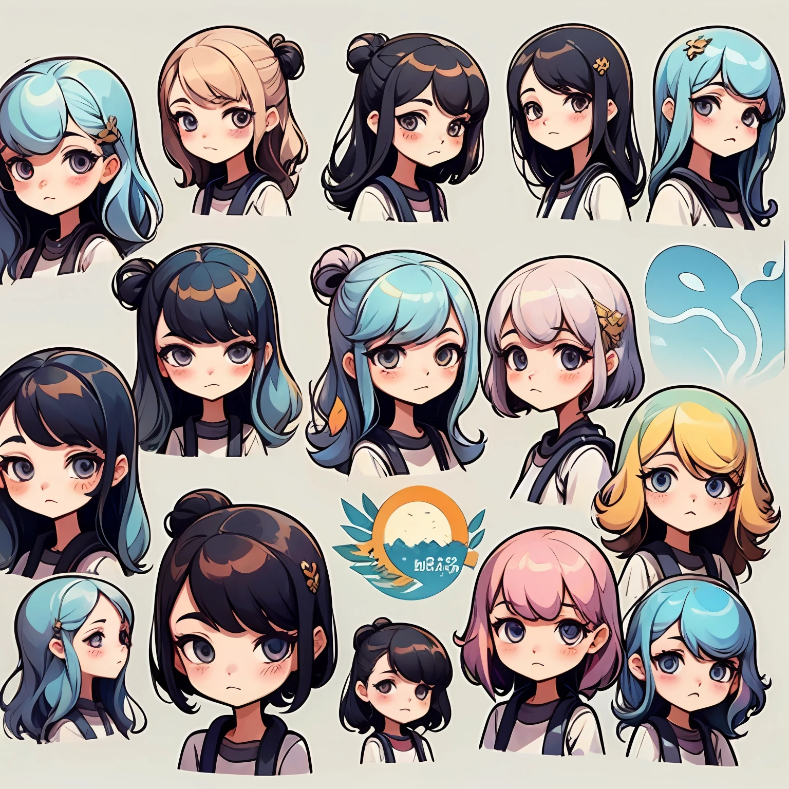 Character design sheet, same character, front, side, back), illustration, 1 girl, hair color, bangs, hairstyle fax, eyes, environment change, white background