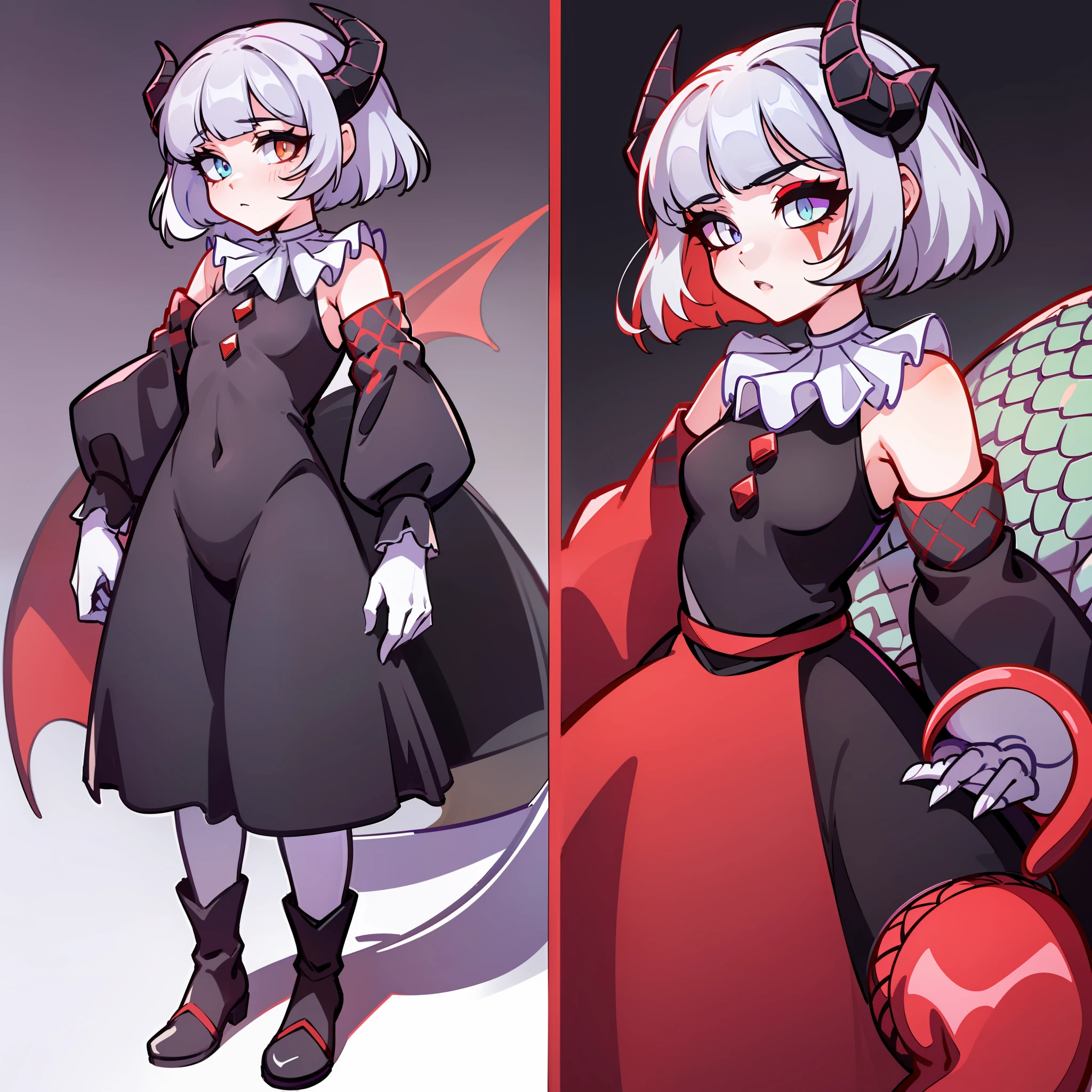 (Best quality: 1.0), (super high res: 1.0), extremely detailed character, detailed Hands, half-dragon girl, horns, scales on the neck, scales on the shoulders, scales on the forearm, scales on the cheek, girl with dragon tail, dragon tail, extremely detailed hair, short hair, ((white hair)), ((black locks)), extremely detailed eyes, eye with different colors, heterochromia, white right eye, black left eye, dragon eyes, 2d, anime art, (()), ((full body)), standing, medieval, rpg, small, cute