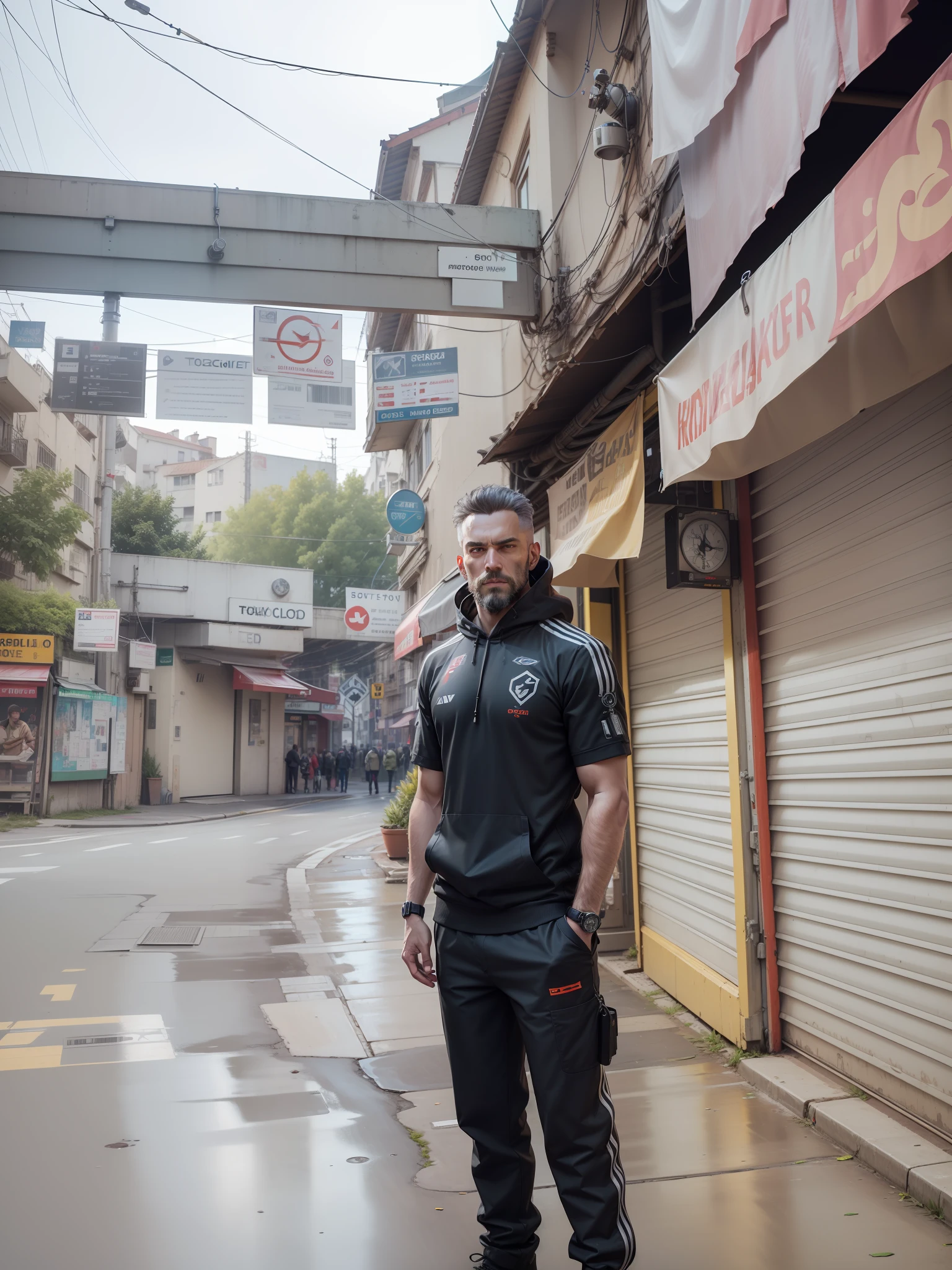 (Absurdres, Intricate Details, Masterpiece, Best Quality, High Resolution, 8k), 1 male, czech, mature, aged up, handsome, finely detailed eyes and face, yellow thin beard hair, yellow eyes,portrait, looking at viewer, solo, (full body:0.6), detailed background, detailed face, (watchdogs theme:1.1)  high-tech futuristic hacker,  advanced technology, hoodie, techwear,  keycard, electronics, head-up display,  (holographic display:1.05), access granted, encoded text, computer, password, hacker van in background, green lights, cyber-warfare, dark sinister atmosphere,  Depth of Field, VFX.