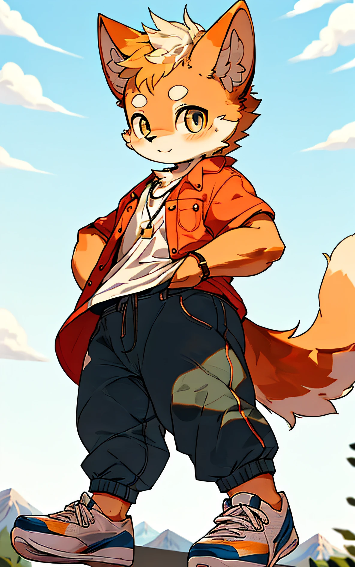 Niji, (1boy:1.4), (jw3), cat boy, (furry:1.5),(cub), super cute face, orange fur, body hair, (thick thighs: 0.5), (full body: 1.1), perfect lighting, (masterpiece), (super detailed), eyesgod, blush, white clothes, looking at the audience, solo, pants, tail, long skirt, outdoors, shoes, mountain top, street dance