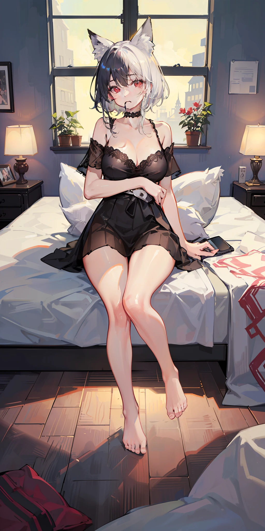 ((masterpiece)), ((best quality)), girl, ((beautiful body)), pale skin, ((red eyes)), eyebrow, ((fox ear)), ((mouth mask) ), giant hair, ((white hair)), ((black hair)), ((hair highlight effect)), ((sexy sleepwear)), ((sheer lace)), (arms), waist thin, ((thick legs)), ((big thigh)), ((background scenery)), ((modern bedroom)), ((detail in bedroom)), (objects in bedroom), (bed), ( (sitting on the bed)), (window), ((beautiful day)), pov, ((viewer view)), ((want to hug)), ((blushing)), lascivious,