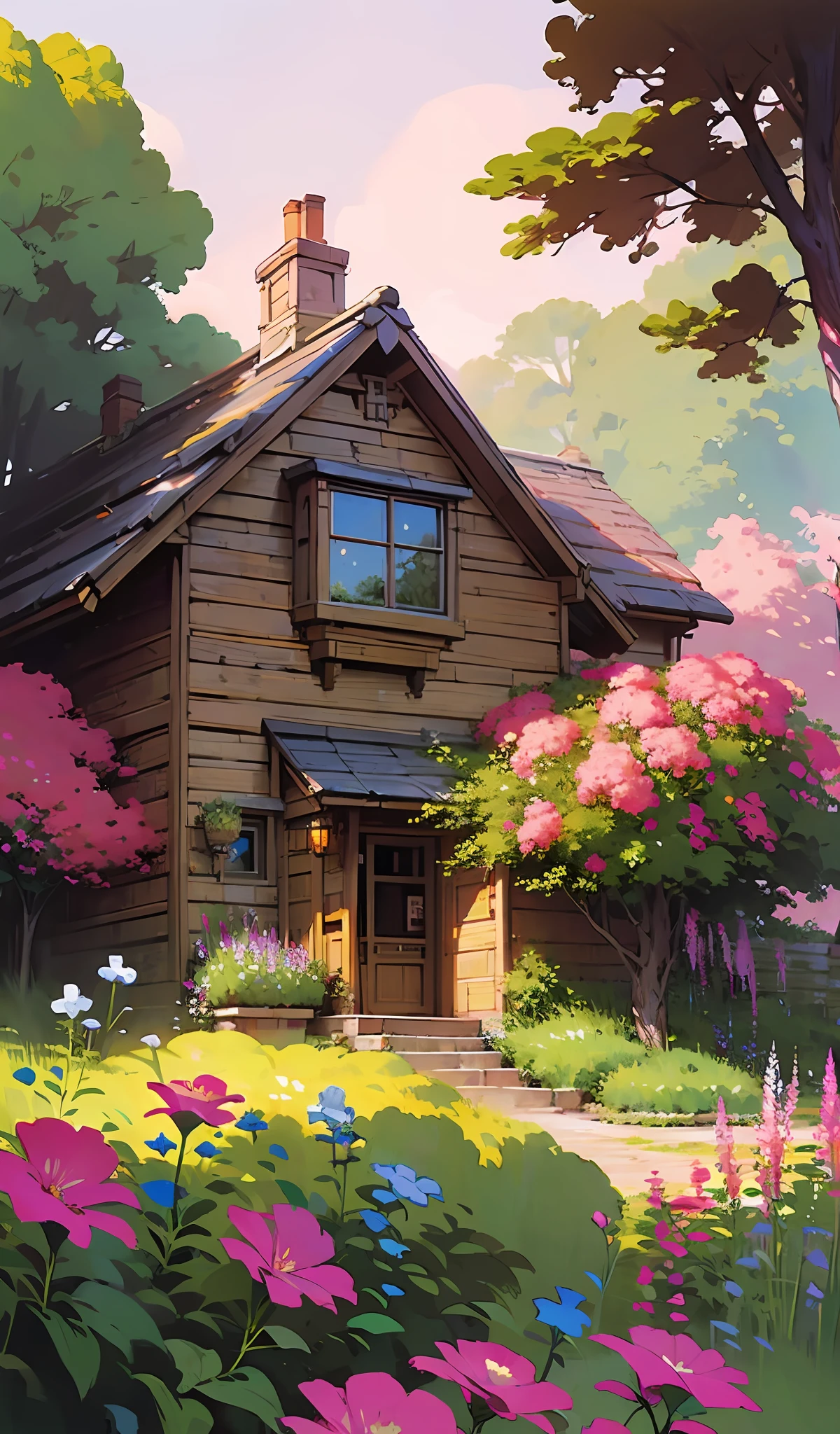 ((masterpiece)),((best quality)),((high detial)) painting of a house in a garden with flowers and trees, flowery cottage, cottagecore, in a cottagecore flower garden, cottagecore flower garden, tomas kinkade, cottagecore!!, idyllic cottage, by Igor Grabar, cottage in the forest, darrell k sweet, thomas kinkade and paul lehr