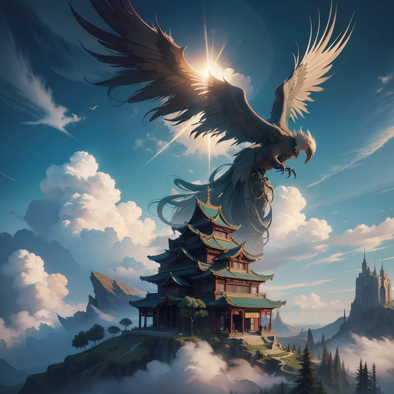 (Masterpiece) 8K resolution, top quality, winged phoenix, East Asian architecture, sky, architecture, outdoor, fantasy style, cloud, sun, mountain, blue sky, landscape