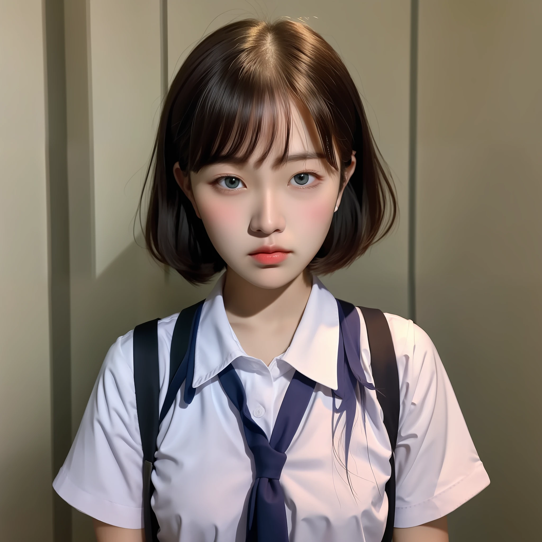 Beautiful girl staring at camera, short cut, face close-shot, summer clothes, puberty, dusk, frontal, portrait, school