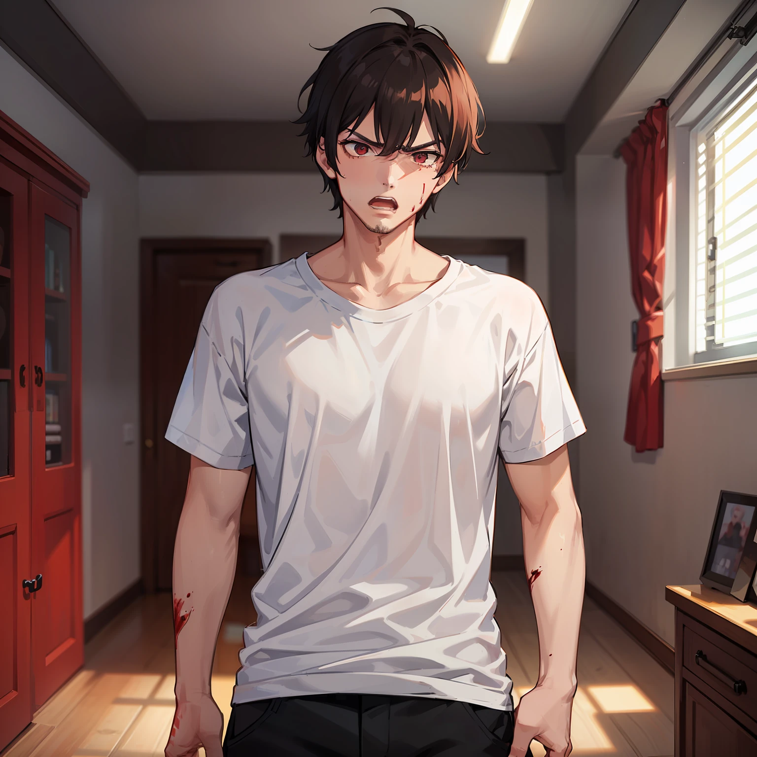(A man in a white T-shirt 1.7)
(Blood red in both eyes 1.9)
(Very Angry 1.8)
(1.7 in the room)