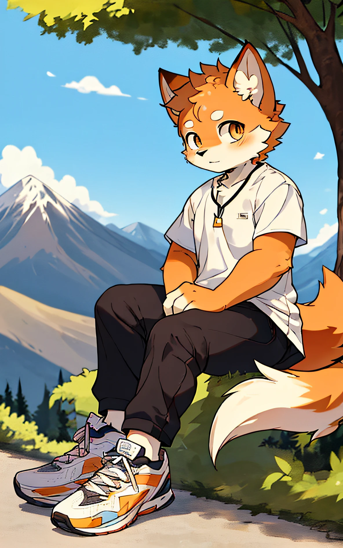 Niji, (1boy:1.4), (jw3), cat boy, (furry:1.5), (cub), super cute face, orange fur, body hair, (thick thighs: 0.5), (full body: 1.1), perfect lighting, (masterpiece), (super detailed), eyesgod, blush, white clothes, looking at the audience, solo, pants, tail, long skirt, outdoors, shoes, mountain top, sitting