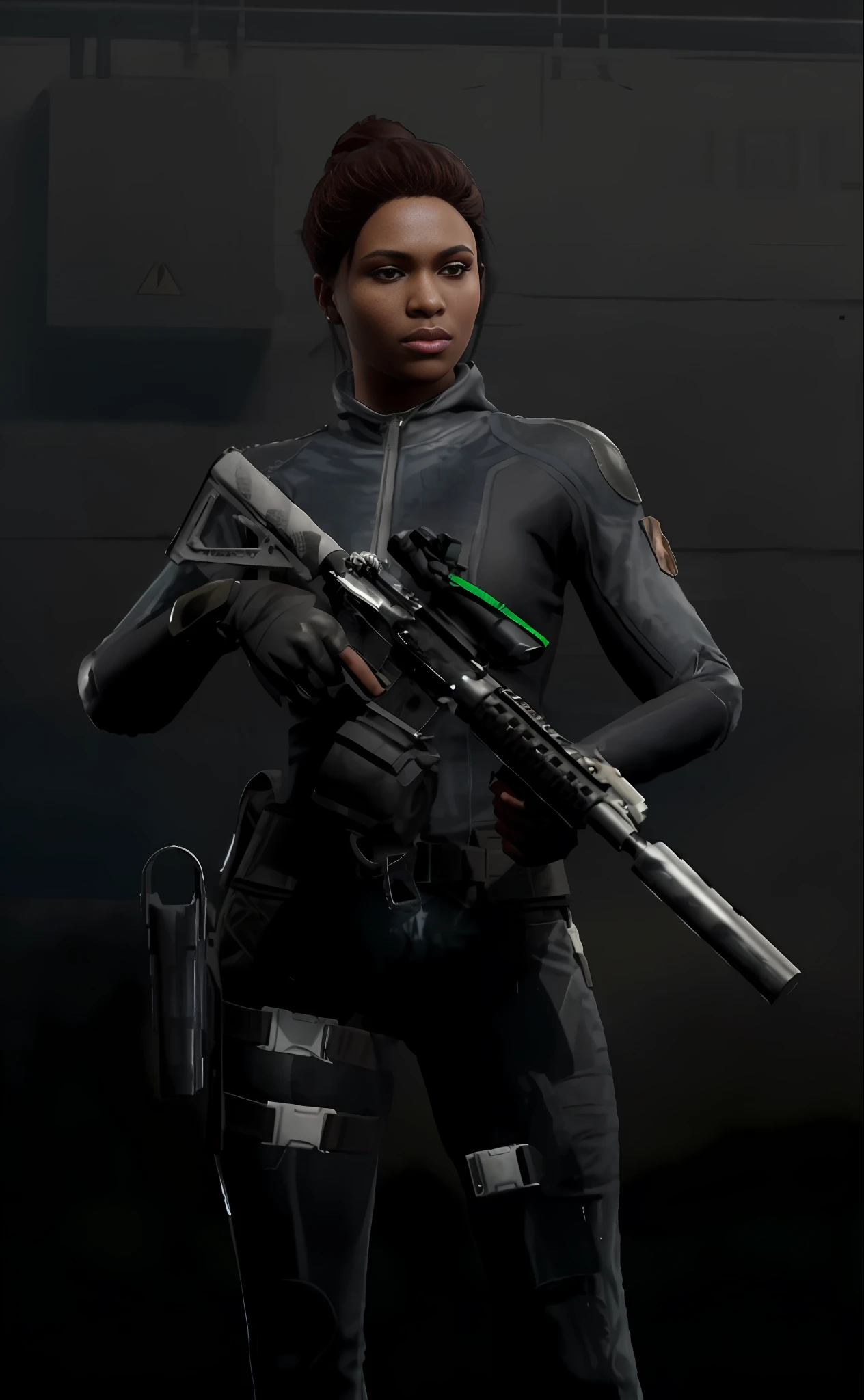 a close up of a person holding a rifle in a dark room, in a dark space mercenary outfit, pitch black skin, female lead character, sil from species, holding a mp7, holding pdw, dark natasha, holding a rifle, jet - black skin, wraith from apex legends, female character, clothed in stealth armor, holding a sniper rifle