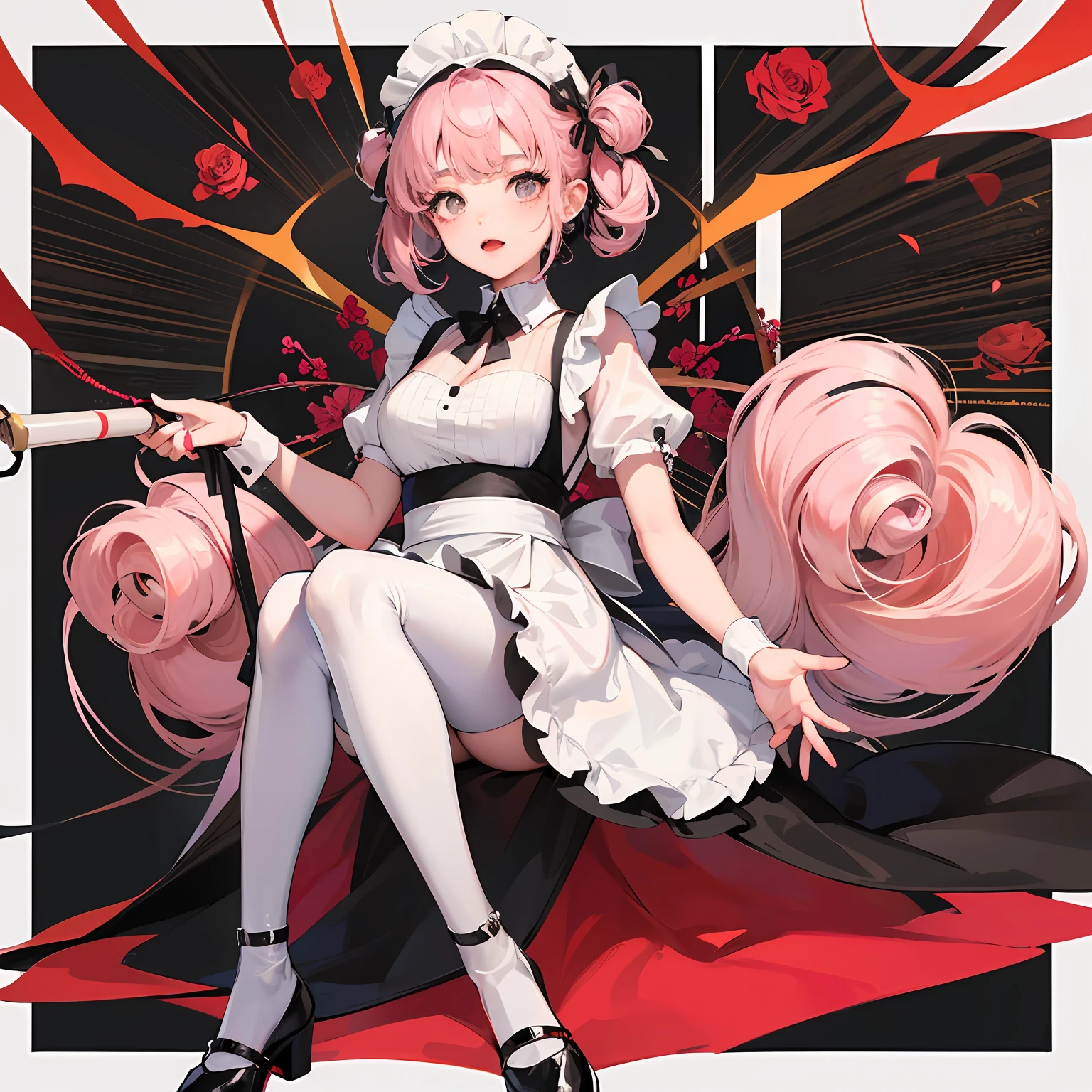One Japan girl, 20 years old, cute, white and black maid outfit, white headband, red roses on head, pink curled hair, black shoes, character, white on background --auto