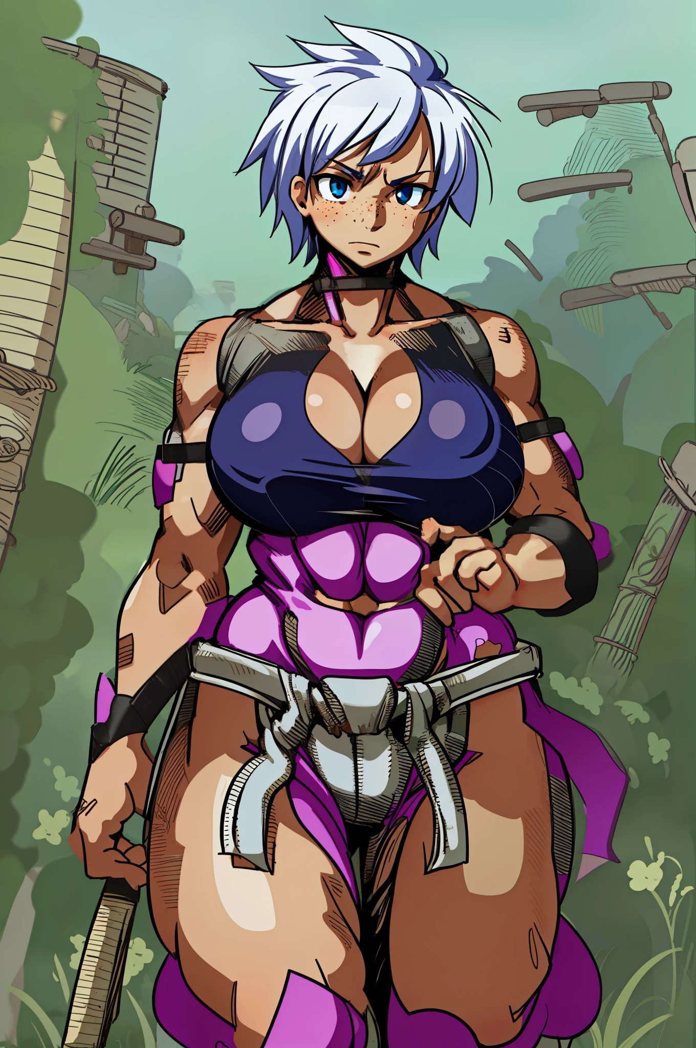 huge chest, tall woman, silver hair curved, short hair, tomboy, freckles, portrait,1character, full body,1girl, tall female, solo, solo focus, portrait, walking, warior,, martial art