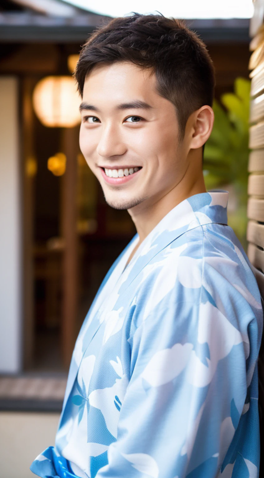 a man about 25 years old, smiling, sharp focus, full body, yukata,