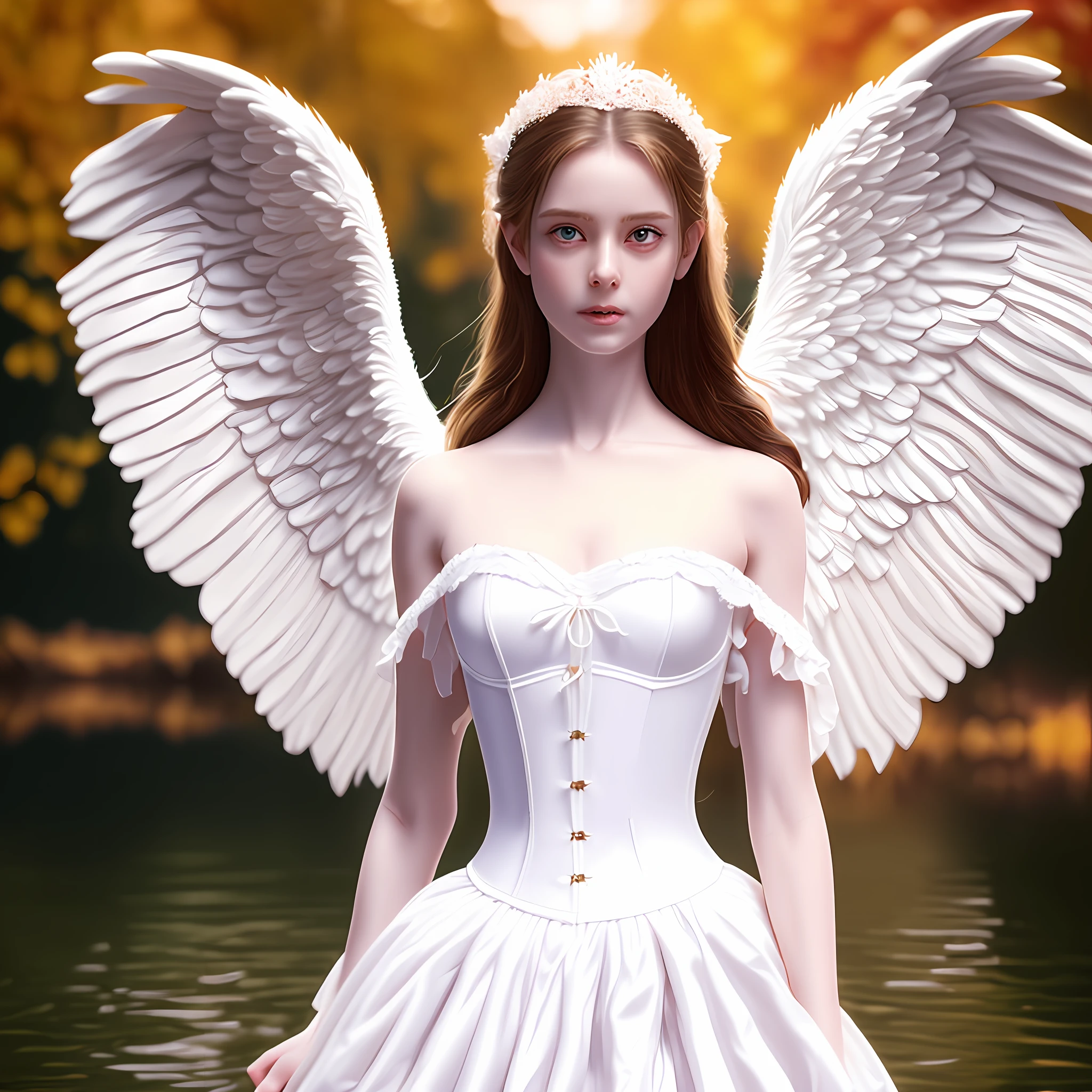 (8k, RAW photo, best quality, ultra detailed CG ,unity 8k wallpaper,masterpiece:1.2), a girl, 3d, ultra beautiful detailed eyes, Precise iris depiction,ultra-detailed, photo (Fall Angel style: 1) Digital painting of a white silk corset and a ballerina skirt standing in the water (Charming Angel: 1)