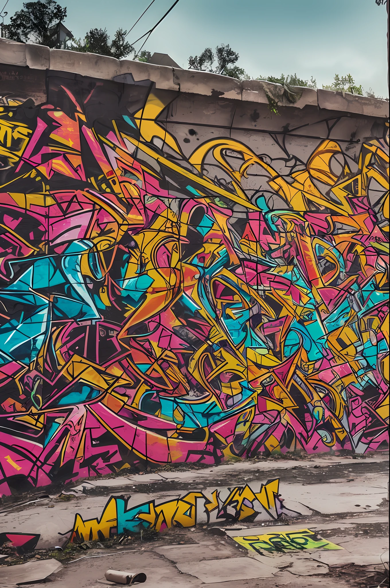 ((a forntal wall at ground level)), with graffiti in a dystopian city, realistic, 32 k, --auto --s2