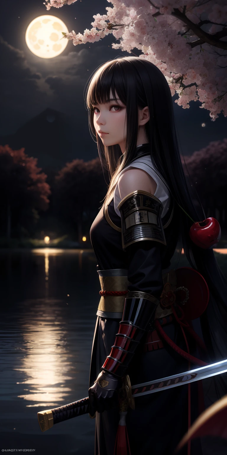 realistic, 1girl, black hair, long hair, red eyes, samurai, swordsman, demon masks, demon girl, asian, oriental, moonlight, moon, field, reflection, cherry tree, light shades, mask on face