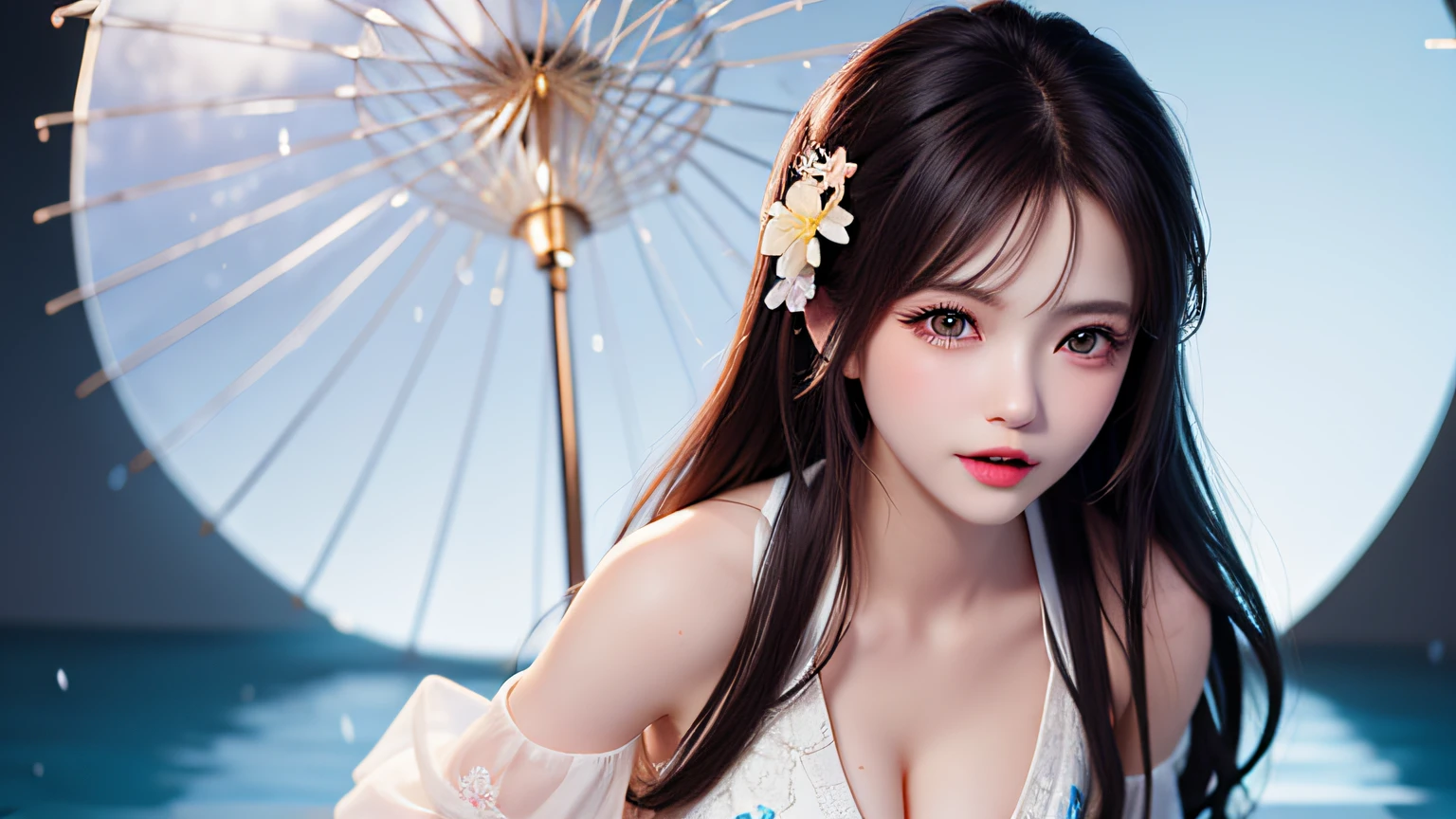 (8k, RAW photo: 1.2), highest quality, ultra high resolution, ((cleavage coordination from head to bottom of chest)), dramatic angle, (pink petals fluttering), (illustration), (1 girl)))), (long hair), (transparent white sheer floral dress)), beautiful face (black hair, blue eyes), (bright lip gloss, long eyelashes, smooth) face, bright skin, natural shadows, Wide Light, Wide Light, Depth of Field, Strong Color, Subtle Caustics: 0.8), Smile, (Big), (Rain: 0.9), Behind the Girl is Hanazono, (Focus), ((Standing on the Surface of the Water)), (Color Splash), Colorful Splash, ((Colorful))), (Sketch: 0.8), Masterpiece, Best Quality, Beautifully Painted, Highly Detailed, (Denoise: 0.6), [ Splash Ink], (Ink Refraction)), (Beautiful Detailed Sky), Highly Detailed, (Masterpiece, Best Quality, Highly Detailed) CG Unity 8k Wallpaper, Masterpiece, Best Quality, Ultra Detailed, (Lycoris radiata)