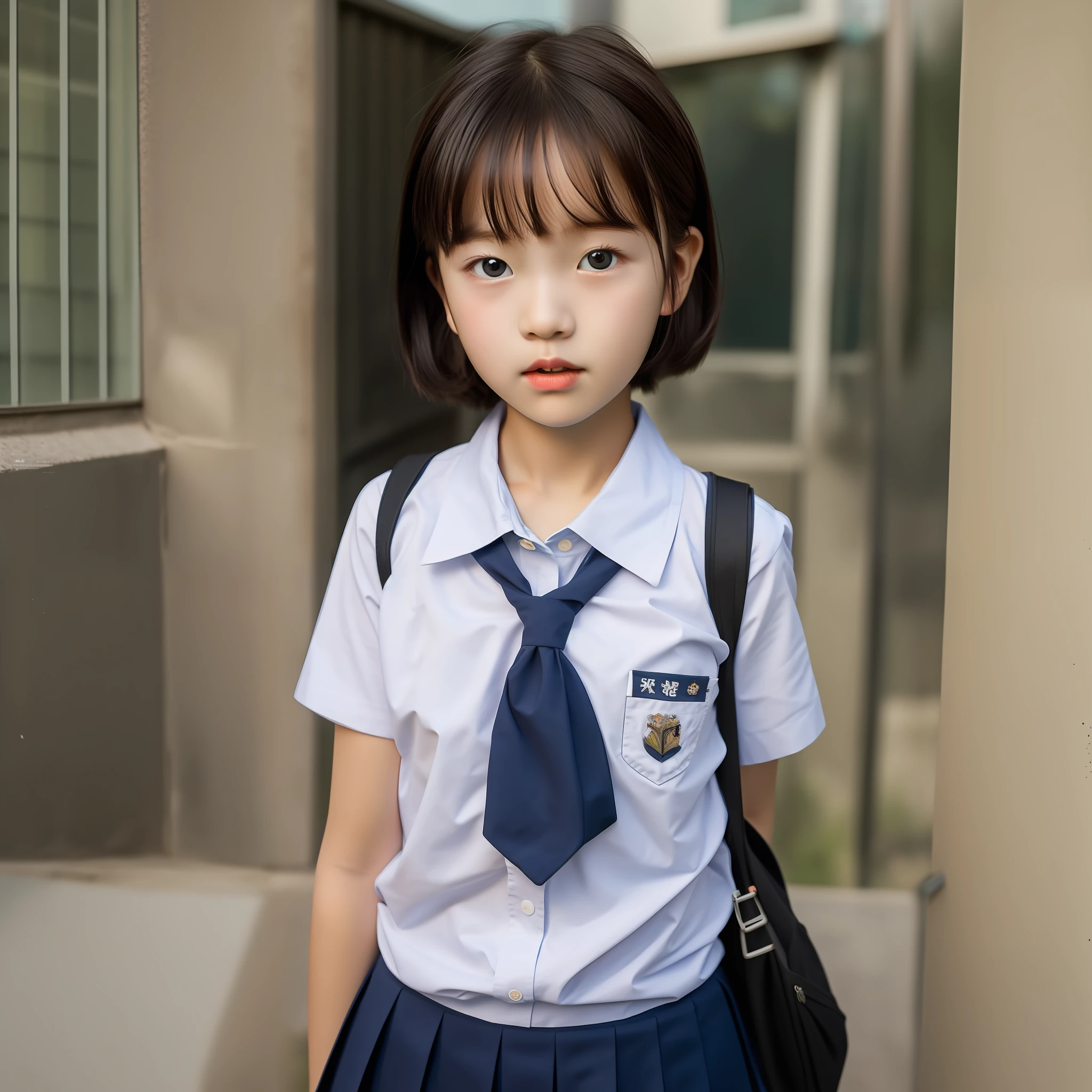 Cute schoolgirl, short cut, face up shot, summer clothes, puberty, dusk, frontal, portrait, school, camera gaze
