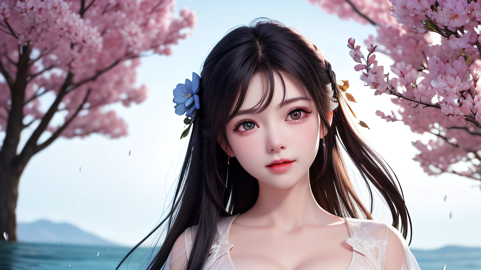 (8k, RAW photo: 1.2), highest quality, ultra high resolution, ((cleavage coordination from head to bottom of chest)), dramatic angle, (pink petals fluttering), (illustration), (1 girl)))), (long hair), (transparent white sheer floral dress)), beautiful face (black hair, blue eyes), (bright lip gloss, long eyelashes, smooth) face, bright skin, natural shadows, Wide Light, Wide Light, Depth of Field, Strong Color, Subtle Caustics: 0.8), Smile, (Big), (Rain: 0.9), Behind the Girl is Hanazono, (Focus), ((Standing on the Surface of the Water)), (Color Splash), Colorful Splash, ((Colorful))), (Sketch: 0.8), Masterpiece, Best Quality, Beautifully Painted, Highly Detailed, (Denoise: 0.6), [ Splash Ink], (Ink Refraction)), (Beautiful Detailed Sky), Highly Detailed, (Masterpiece, Best Quality, Highly Detailed) CG Unity 8k Wallpaper, Masterpiece, Best Quality, Ultra Detailed, (Lycoris radiata)