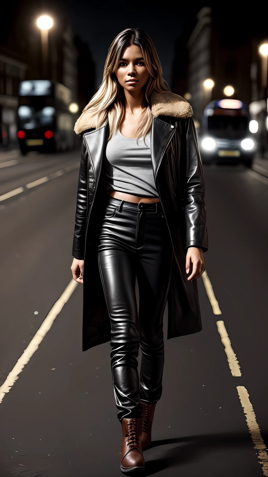 photo portrait, 1 woman, hair dyed blonde, tanned skin, 30 years, long hair, standing walking the streets of London at night illuminated by the city, city light at night, London streets, brown eyes, wearing large black leather coat, black leather pants and white boot, bulky body, perfect body, photorealistic, photo, masterpiece,  realistic, realism, photorealism, high contrast, photorealistic digital art trend in Artstation 8k HD high definition detailed realistic, detailed, skin texture, hyper detailed, realistic skin texture, armor, best quality, ultra high resolution, (photorealistic: 1.4), high resolution, detailed, raw photo, sharp re, by lee jeffries Nikon D850 film stock photography 4 kodak camera portra 400 lens f1.6 rich colors hyper realistic texture realistic dramatic lighting IrrealEngine trending on Artstation Cinestill 800, full body photo