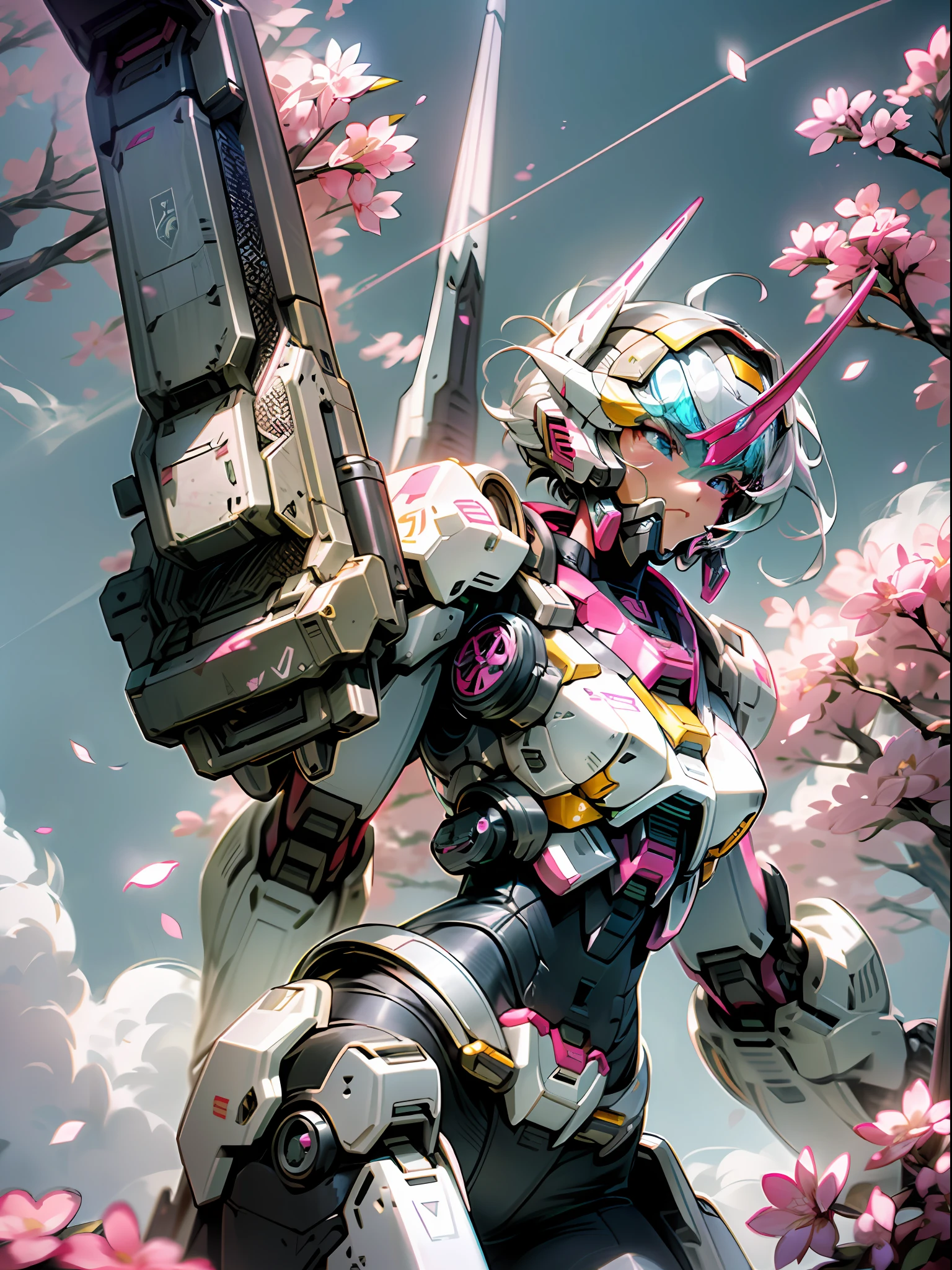 ((Best Quality)), ((Masterpiece)), (Very detailed: 1.3), 8K, cool painting, full of sci-fi, pink reload Gundam swooping down in the sky, streamlined pink armor, handheld laser gun, Gundam humanoid mech, anime mech aesthetics, perfect body proportions, white clouds in the sky, cherry blossom pink background, looking up, ray tracing, light particles, nvidia TRTX, super resolution, Unreal 5, anime quadratic style, subsurface scattering, specular and albedo maps, Rule of thirds, large aperture, fighting stance.