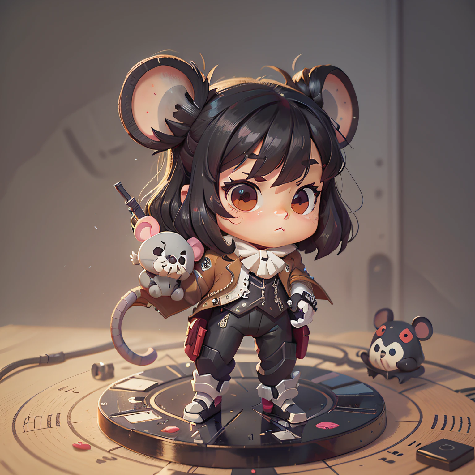chibi, mouse, cute, reaper overwatch, action pose, longblack hair, black suit, bigbadejo, full body, masterpiece, 3D Rendering, Best Quality, Lots of Detail, (plain background), vinyl toy figurine