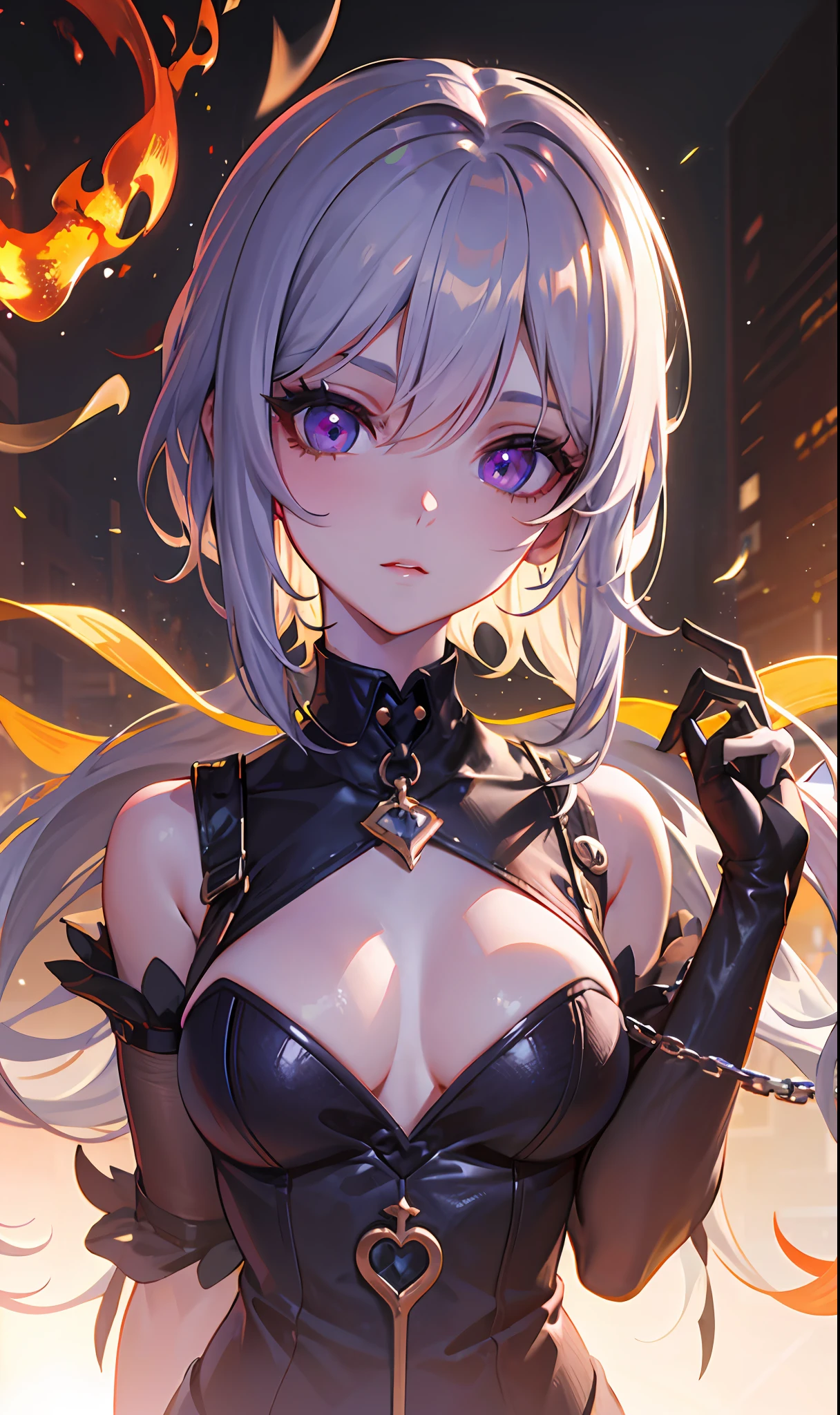 （master masterpiece，sidebrilliance，Fine beautiful eyes：1.2），（master masterpiece*Portraits），Portraits，（Bust），PhotoRealistic，Anatomically correct，3D脸，luscious skin，（solo），Highlights，gradient color hair，（Face Close-up），Cute Face，（Fire opal-like purple eyes），Hanging eye corners，（（High detail skin，Visible Pore）），（Perfect Figure），One Beautiful Girl，little breasts，（（cassock）），（neck ring），Very, very short short gloves，（chain）