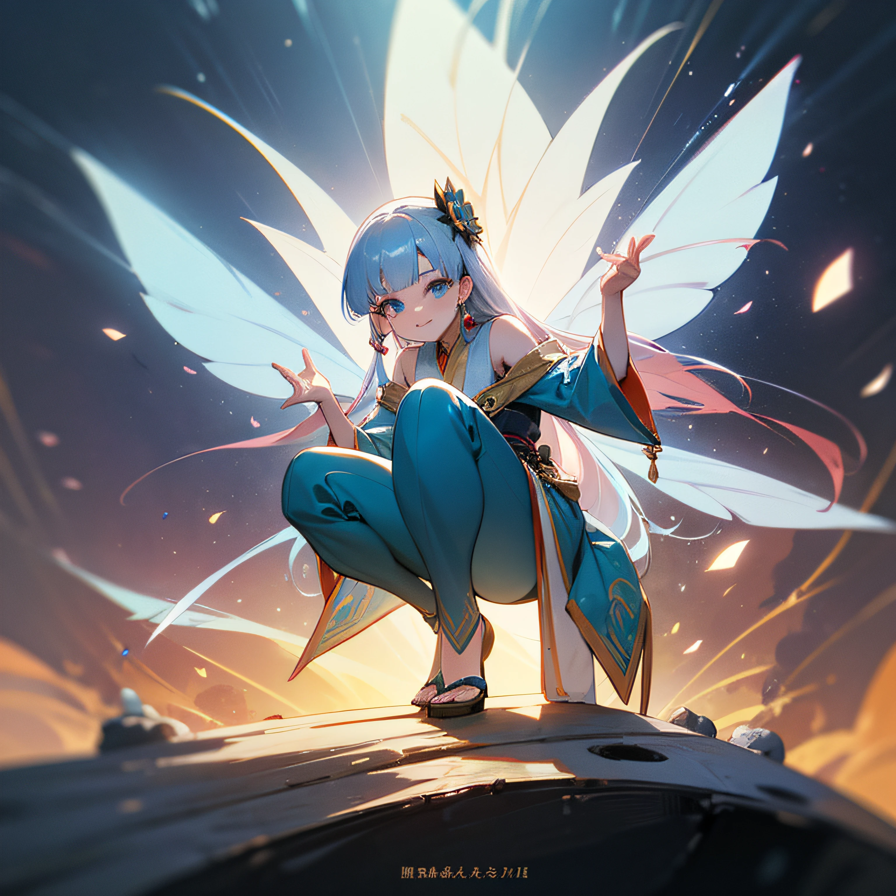 Woman in a blue and white shirt and blue pants, thicc, anime girl in real life, anime girl cosplay,(anime eyes) anime girl is crouching, beautiful anime girl squatting, anime cosplay, casual pose, full-cosplay, as an anime character, advertising cosplay, cute girl wearing tank, rin, cosplay, ayaka cosplay, full body image, character foot painting, a beautiful fairy dance in the magnificent sky, beautiful and dazzling posture, beautiful appearance like a flower, dressed in beautiful clothes, like the first snow lotus flower, eyes shining happily, full of light, bright magic matrix around, containing oriental aesthetics, beautiful fairy clothes, exquisite posture, hair long as a waterfall, white light flashing, dreamy clouds, C4D, OC rendering, film edge light, fine light, masterpiece, super detail, epic composition, ultra HD, high quality, 32k --auto