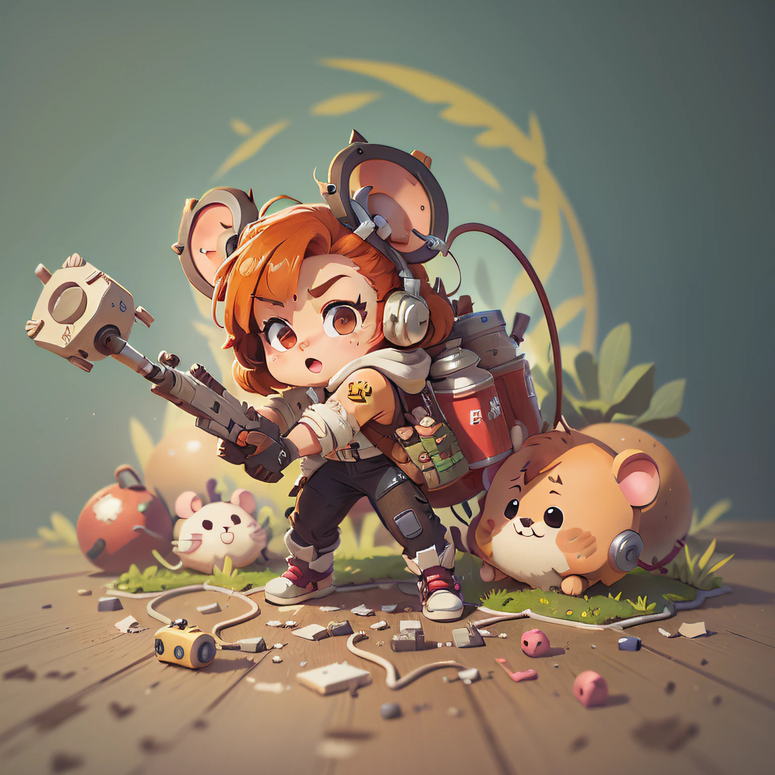 chibi, mouse, cute, wrecking ball overwatch, action pose, redhead, with two big guns, bigbadejo, full body, masterpiece, 3D Rendering, Best Quality, Lots of Detail, (plain background), vinyl toy figurine