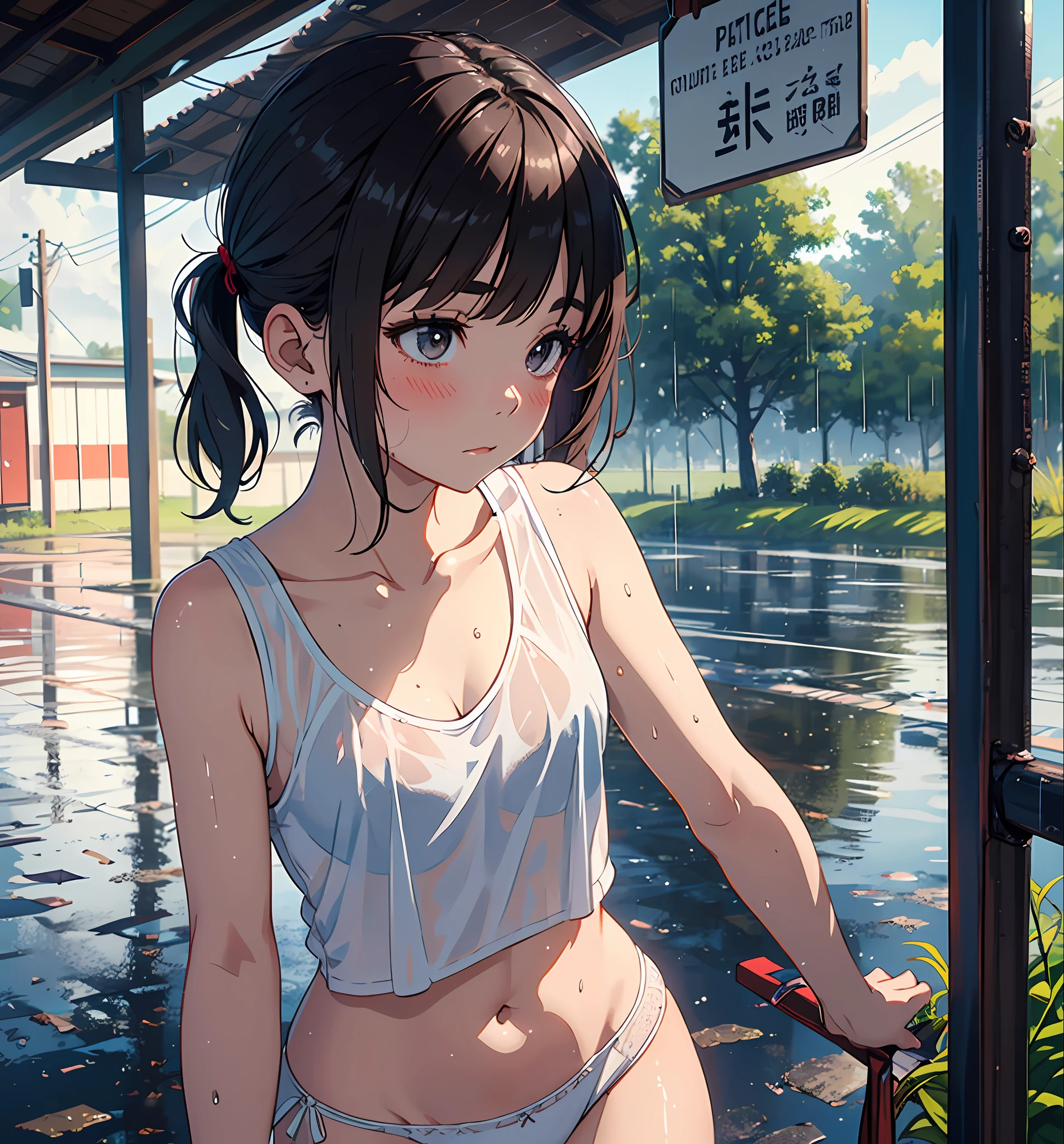 Original Character, Volumetric Lighting, Best Shadows, Shallow Depth of Field, Portrait Of Stunningly Beautiful Girl, Petite, Delicate Beautiful Attractive Face With Alluring Black Eyes, Sharp Eyebrows, Expressionless, Blush, Closed Mouth, Lovely Small Breasts, Layered Short Brown Twintail Hair, Blush Eyeshadow, Thick Eyelashes, Soaking Wet Clothes And Hair, See-Through Tank Top, Open Navel, white panties, Cloudy Rainy Sky, Standing At The Rural Village Bus Stop In The Pouring Rain, Village Gravel Road, Looking Up The Sky, Puddle Water, Rainy Foggy Rustic Scenery, (Highest Quality, Amazing Details:1.25), (Solo:1.3), Brilliant Colorful Paintings, covered_nipples