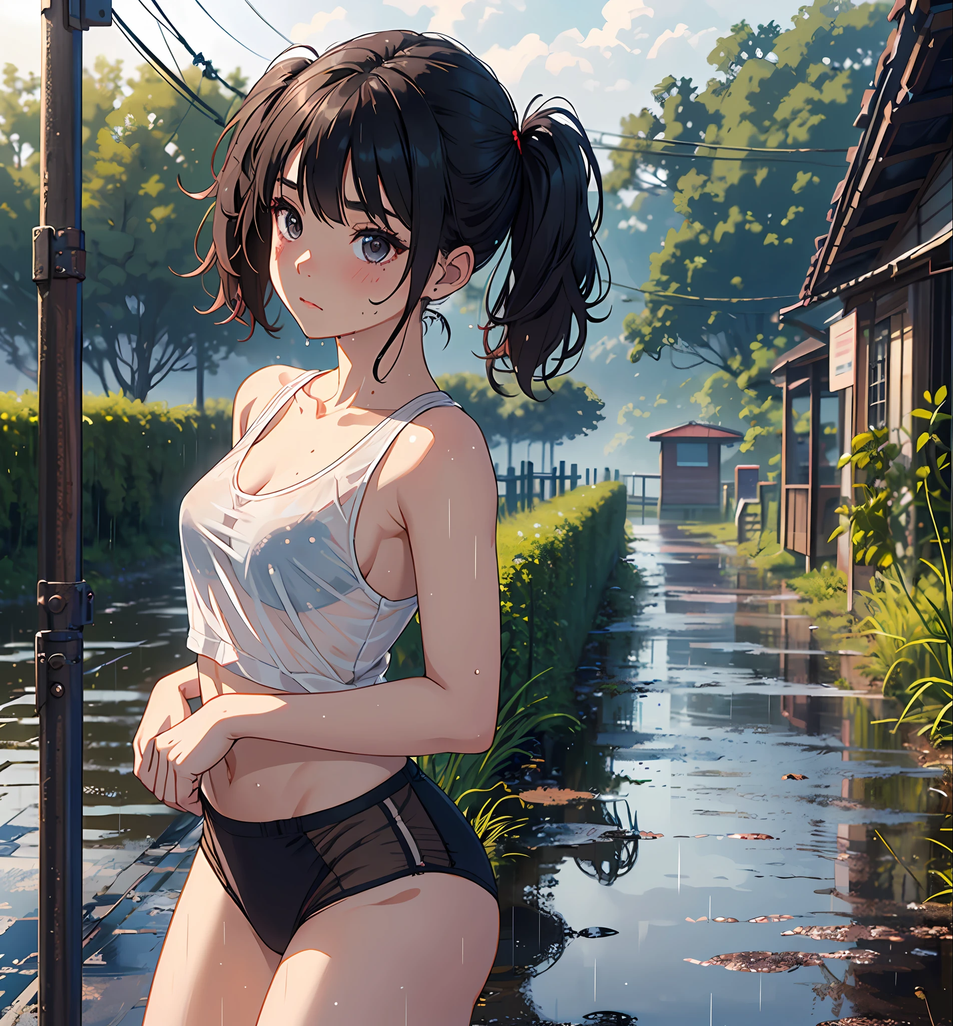 Original Character, Volumetric Lighting, Best Shadows, Shallow Depth of Field, Portrait Of Stunningly Beautiful Girl, Petite, Delicate Beautiful Attractive Face With Alluring Black Eyes, Sharp Eyebrows, Expressionless, Blush, Closed Mouth, Lovely Small Breasts, Layered Short Brown Twintail Hair, Blush Eyeshadow, Thick Eyelashes, Soaking Wet Clothes And Hair, See-Through Tank Top, Open Navel, white panties, Cloudy Rainy Sky, Standing At The Rural Village Bus Stop In The Pouring Rain, Village Gravel Road, Looking Up The Sky, Puddle Water, Rainy Foggy Rustic Scenery, (Highest Quality, Amazing Details:1.25), (Solo:1.3), Brilliant Colorful Paintings, covered_nipples