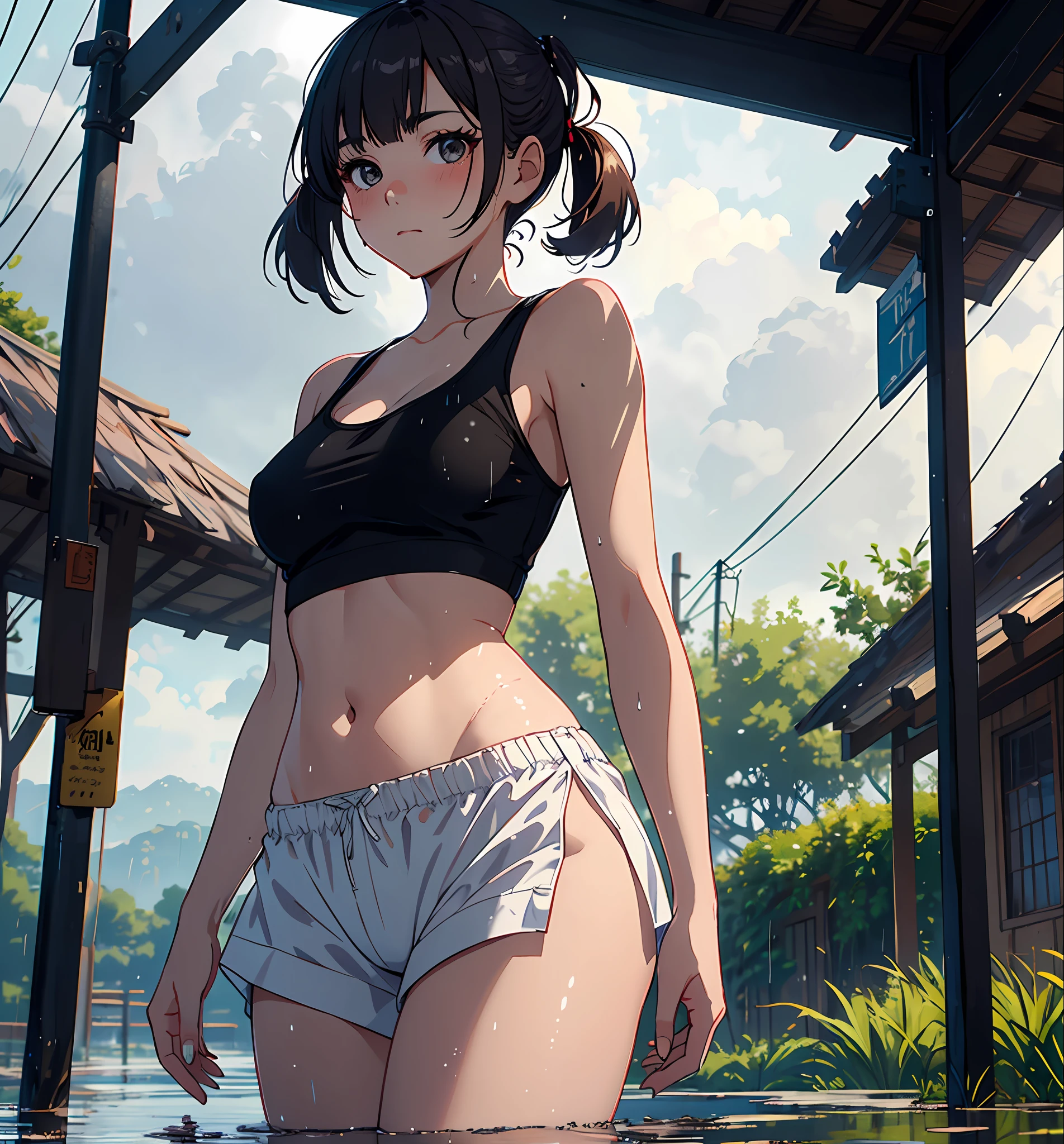 Original Character, Volumetric Lighting, Best Shadows, Shallow Depth of Field, Portrait Of Stunningly Beautiful Girl, Petite, Delicate Beautiful Attractive Face With Alluring Black Eyes, Sharp Eyebrows, Expressionless, Blush, Closed Mouth, Lovely Small Breasts, Layered Short Brown Twintail Hair, Blush Eyeshadow, Thick Eyelashes, Soaking Wet Clothes And Hair, See-Through Tank Top, Open Navel, white panties, Cloudy Rainy Sky, Standing At The Rural Village Bus Stop In The Pouring Rain, Village Gravel Road, Looking Up The Sky, Puddle Water, Rainy Foggy Rustic Scenery, (Highest Quality, Amazing Details:1.25), (Solo:1.3), Brilliant Colorful Paintings, covered_nipples