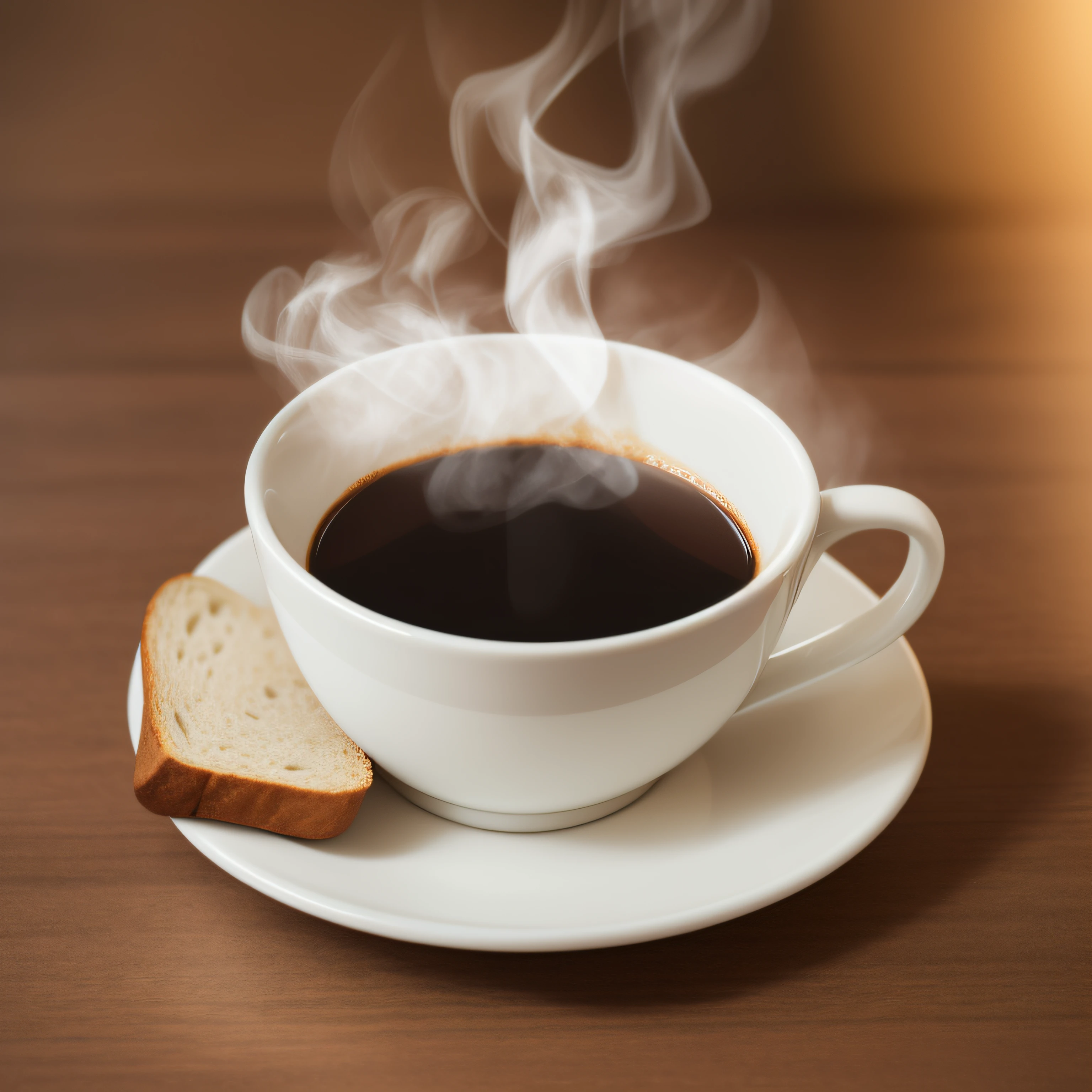 a cup of hot, steaming coffee, a piece of bread on the left side of the cup of coffee