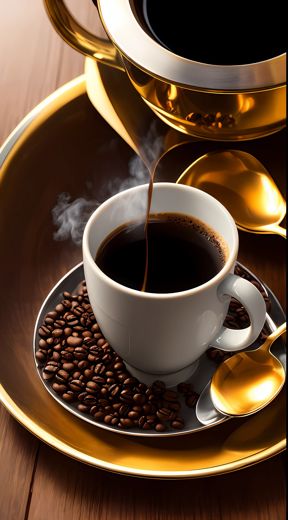 Masterpiece, full image follows the golden section principle, precise focus, a cup of fragrant coffee, high quality, 8K high resolution, steam, full of detail, accurate focus, commercial photography, natural light