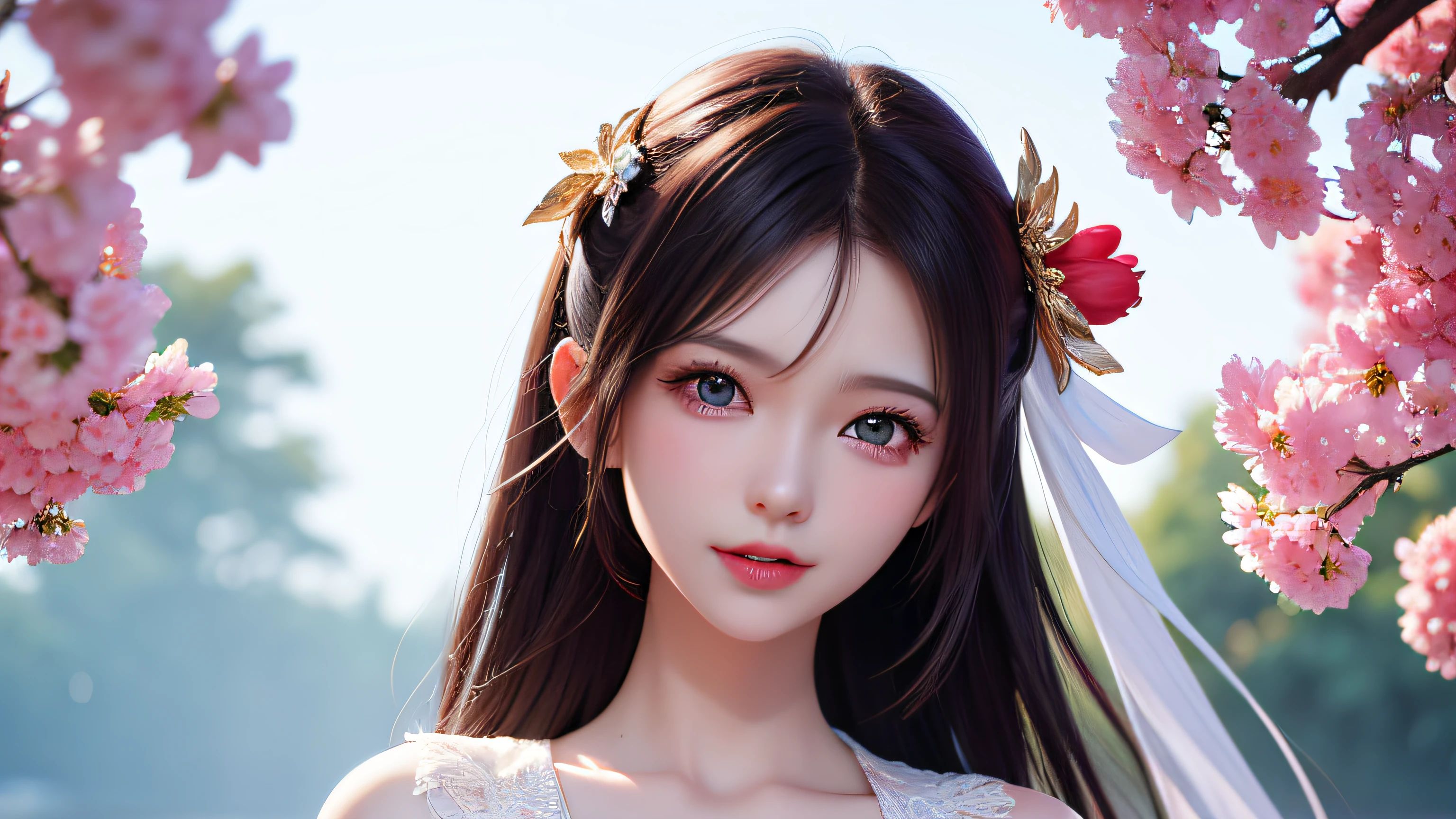 (8k, RAW photo: 1.2), highest quality, ultra high resolution, ((cleavage coordination from head to bottom of chest)), dramatic angle, (pink petals fluttering), (illustration), (1 girl)))), (long hair), (transparent white sheer floral dress)), beautiful face (black hair, blue eyes), (bright lip gloss, long eyelashes, smooth) face, bright skin, natural shadows, Wide Light, Wide Light, Depth of Field, Strong Color, Subtle Caustics: 0.8), Smile, (Big), (Rain: 0.9), Behind the Girl is Hanazono, (Focus), ((Standing on the Surface of the Water)), (Color Splash), Colorful Splash, ((Colorful))), (Sketch: 0.8), Masterpiece, Best Quality, Beautifully Painted, Highly Detailed, (Denoise: 0.6), [ Splash Ink], (Ink Refraction)), (Beautiful Detailed Sky), Highly Detailed, (Masterpiece, Best Quality, Highly Detailed) CG Unity 8k Wallpaper, Masterpiece, Best Quality, Ultra Detailed, (Lycoris radiata)