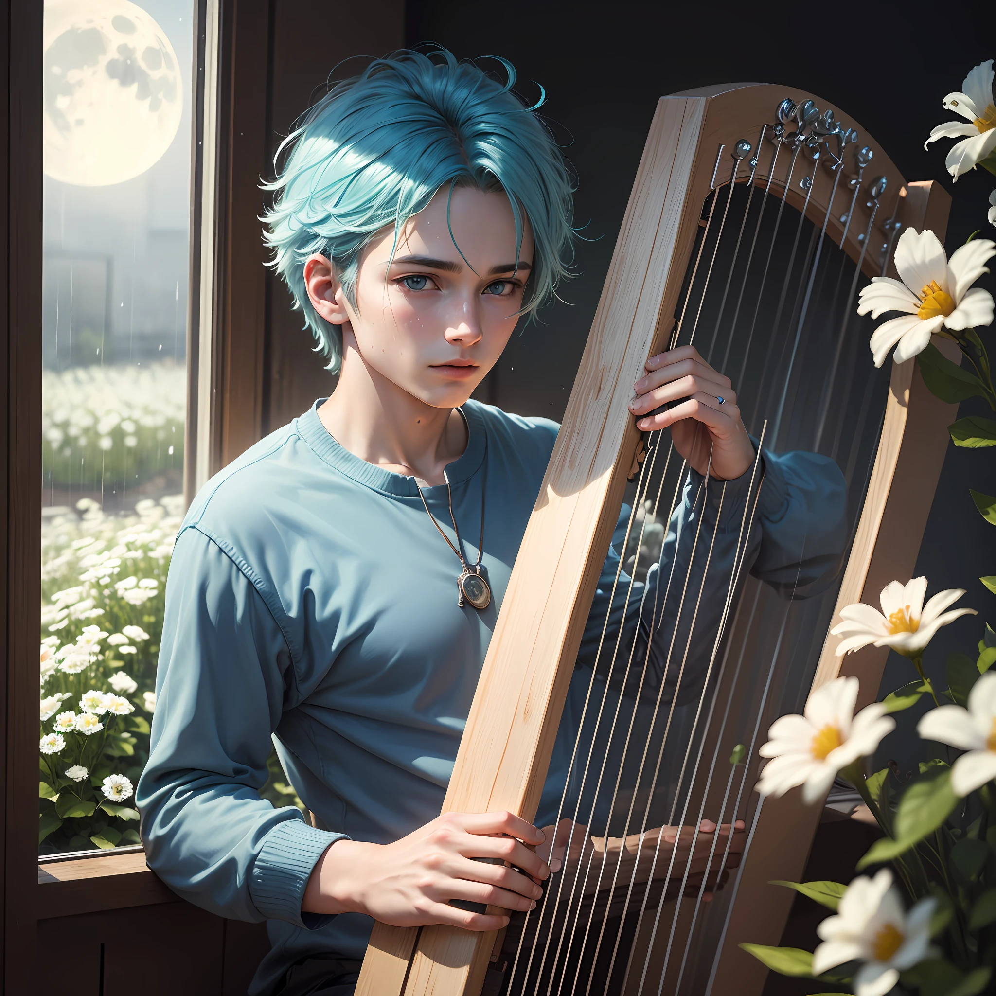 (ultra high res, photorealistic, realistic, best quality, photo-realistic), (highly detailed skin, visible pores), (real person, photography), (8k, raw photo, best quality, masterpiece) Light blue haired teenager (male), sitting playing a harp, next to a window, outside the window there is a field full of white flowers, it is night and the moon is full, outside it's raining --auto