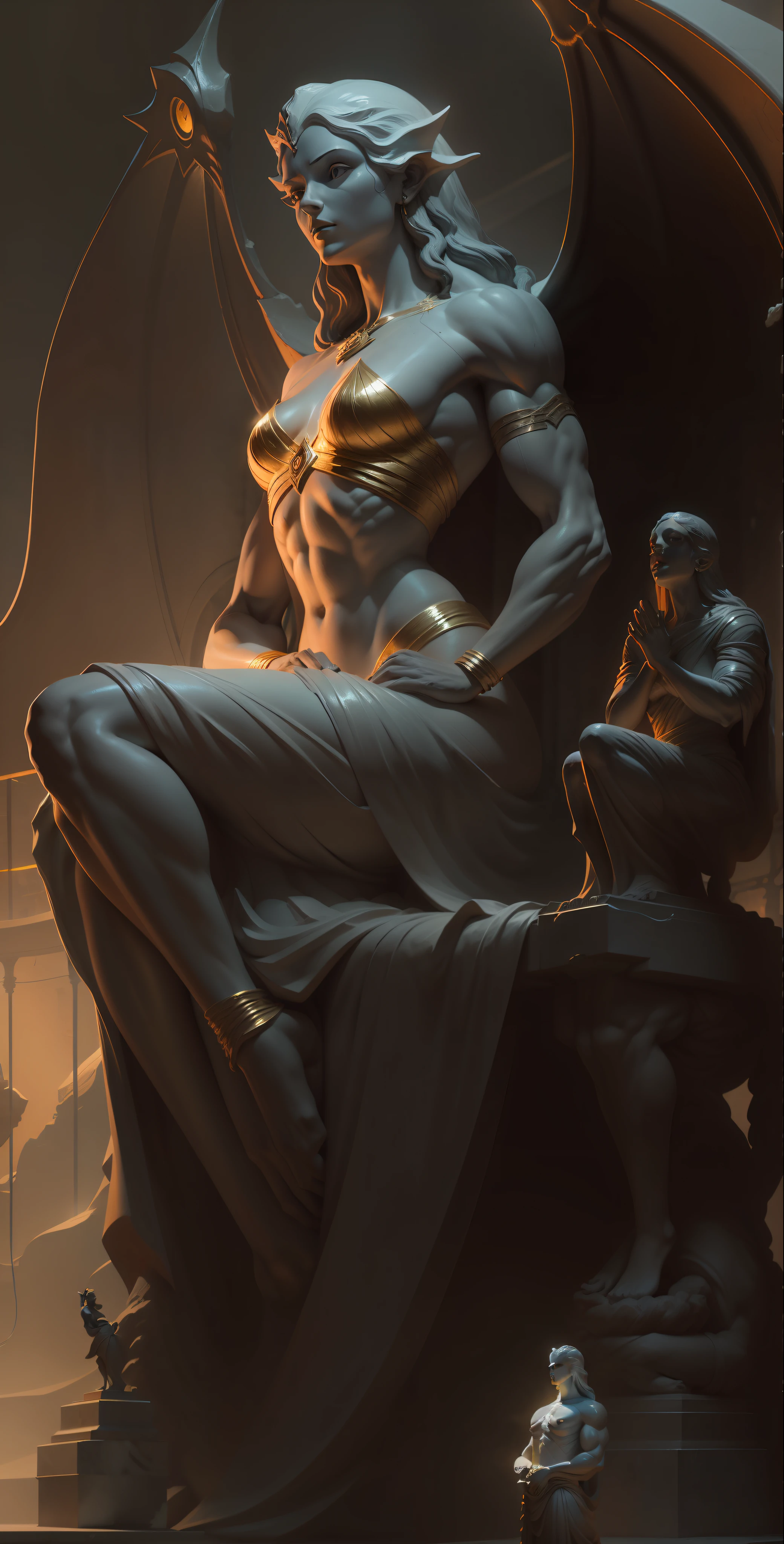 mythological painting style, greg rutkowski, zbrush, epic fantasy scene, oil painting, paranormal realism, digital art, digital painting, artwork, eye level lens, pov, first-person perspective, shiny statue, firelight, cthulhu statue, broken statue, cinematic lighting, high contrast, close up, realistic texture, unreal engine, sunlit statue, broken stone suspended in the air, gold thread, white statue, mystical, mysterious text, head up, low angle camera, Giant Shot, Unique Perspective, Avoid Frontal Shot, (((White Marble Statue)), Giant Female Statue, White, White Marble, Matte Marble, Tight Muscles, Female, Female God,