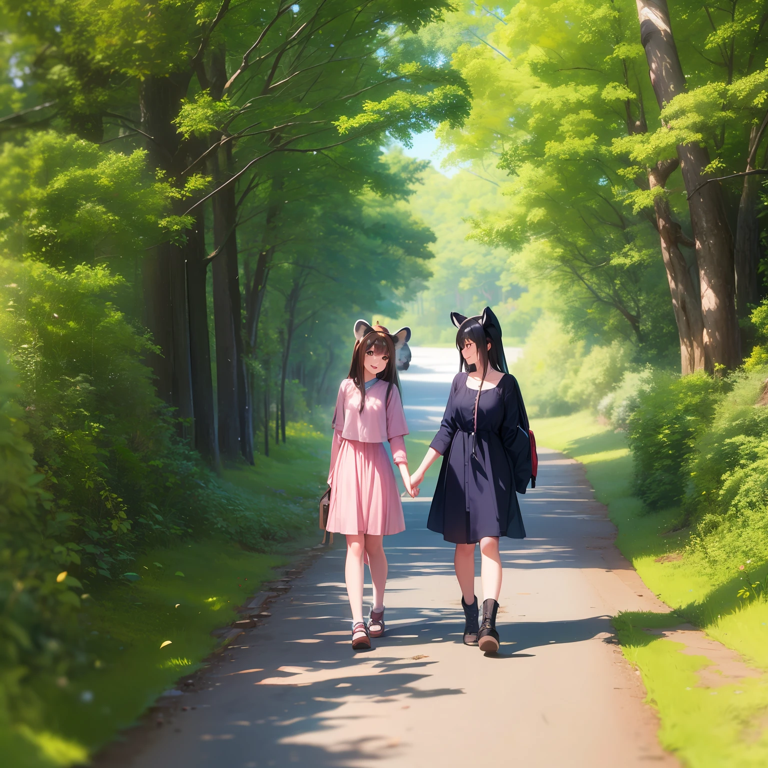 (Tanuki-eared girl and rabbit-eared girl: 1.3) Two people walking side by side on a country road Smile