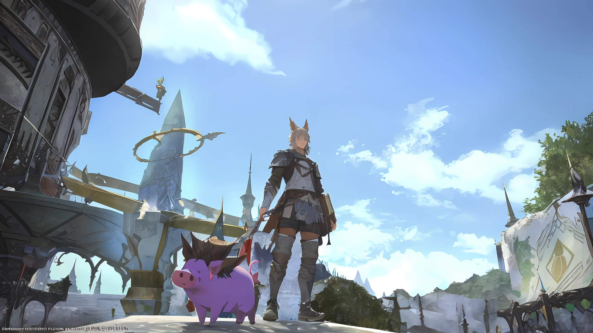 there is a man and a pig standing in front of a building, final fantasy 1 4 screenshot, final fantasy 14 style, final fantasy 14 sharp, final fantasy 1 4, final fantasy xiv, ffxiv, ffxiv heavensward, tranding on pxiv, trending on pxiv, anthropomorphic warrior piglet